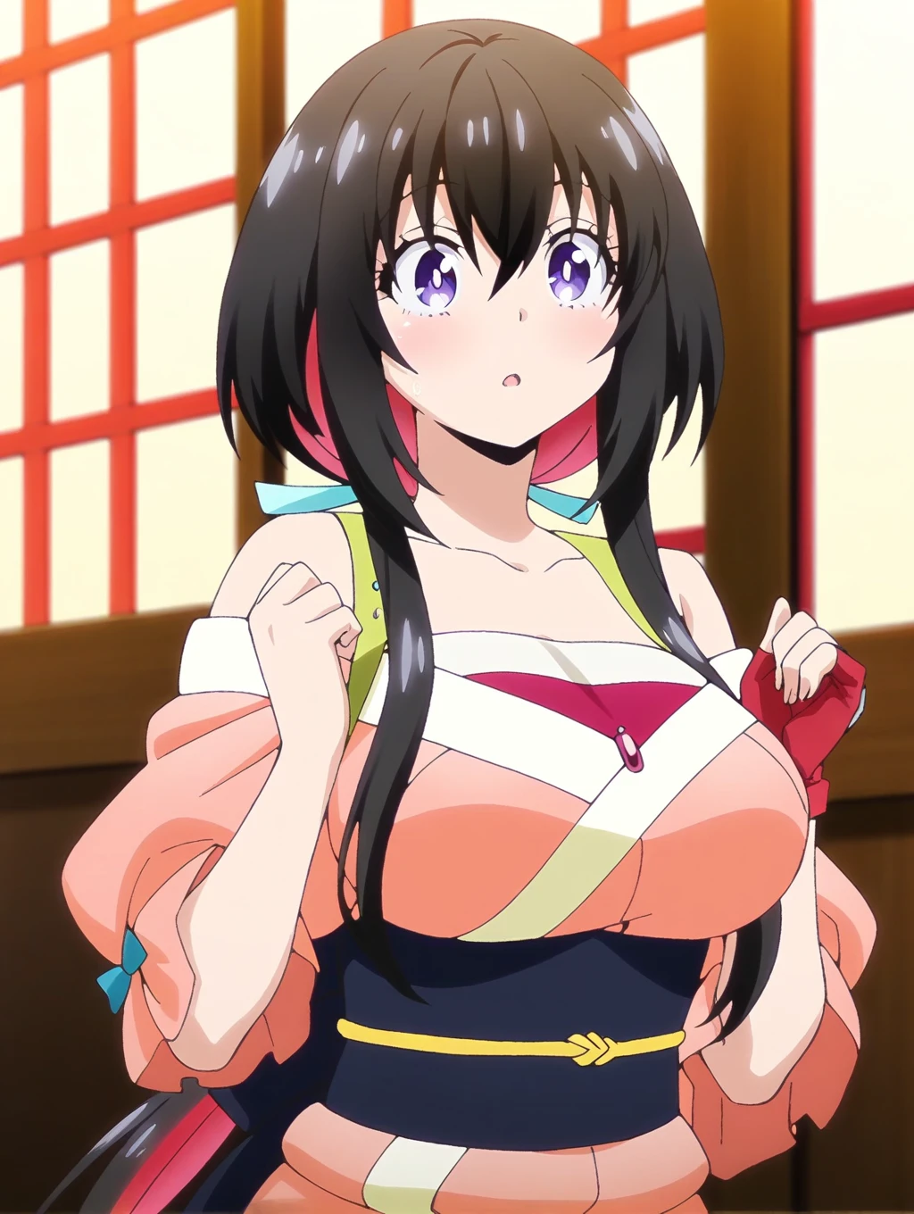 masterpiece,best quality,amazing quality,solo,1girl,<lora:Tsukimiya-ILXL-v1:1>,Tsukimiya,purple_eyes,colored_inner_hair,brack_hair,red_hair,low_ponytail,sidelocks,hair_ribbon,pink_japanese_dress,off_shoulder,tasuki,jewelry,