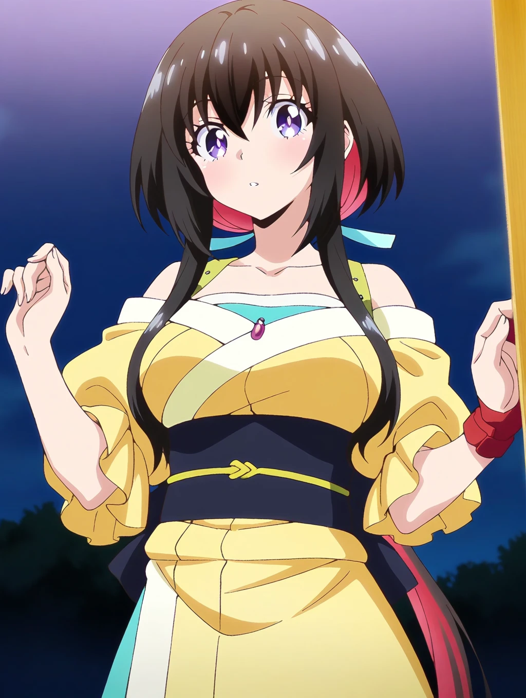 masterpiece,best quality,amazing quality,solo,1girl,<lora:Tsukimiya-ILXL-v1:1>,Tsukimiya,purple_eyes,colored_inner_hair,brack_hair,red_hair,low_ponytail,sidelocks,hair_ribbon,yellow_japanese_dress,off_shoulder,tasuki,jewelry,looking at viewer,