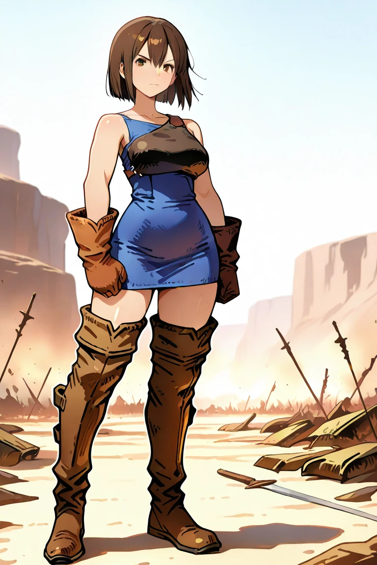 1girl, <lora:fft_archerV1_illustrious:0.8>, muneate,fft_archer,blue_dress,short dress,sleeveless dress,thigh boots,brown footwear,leather gloves,leather boots,brown gloves,gloves,full body,,, outdoor,short hair,battlefield, serious,, masterpiece, best quality, amazing quality, newest,detailed face, beautiful eye