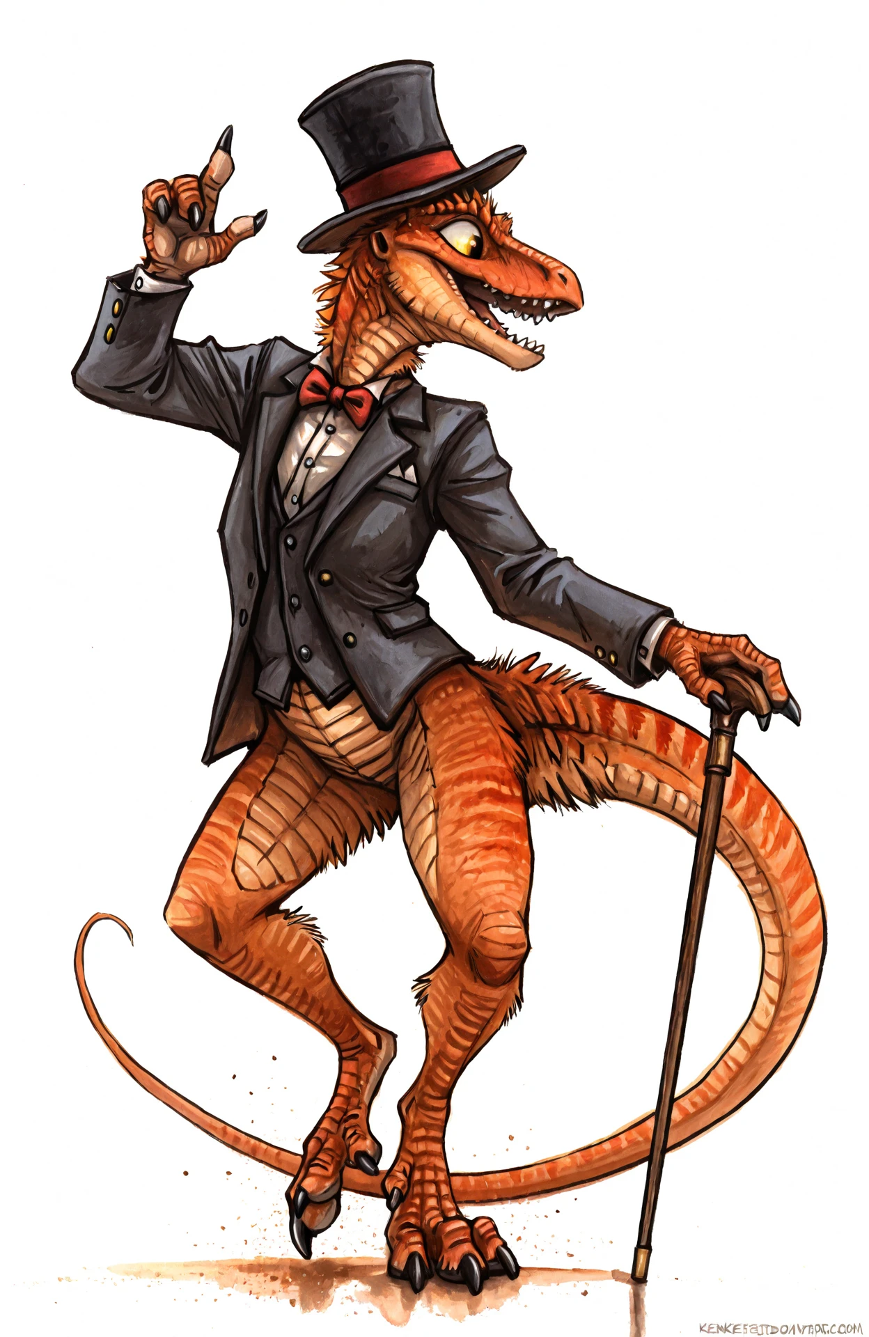 Kenket,
masterpiece, best quality, amazing quality,
dinosaur, scalie, velociraptor, bow tie, cane, feral, solo, top hat,simple background, white gradient background, tuxedo, , tap dancing, white white background,
<lora:Kenket_-_Art_Style:1>,