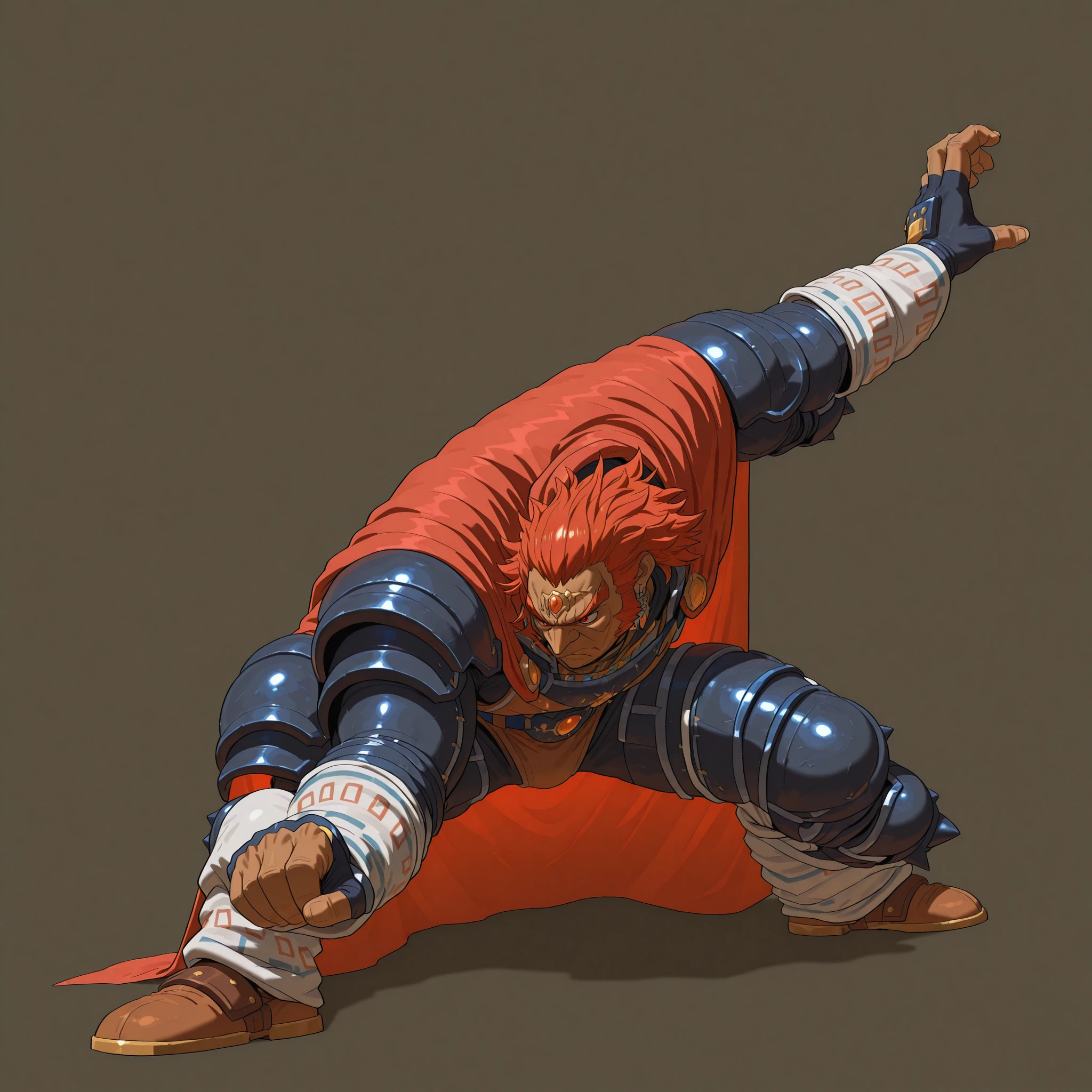 1boy, <lora:gokuPose3_V1_illustrious:0.9>,gokupose3,solo,fighting stance,white background,simple background,full body,serious,frown,clenched hand,shadow,closed mouth,crouching,leaning forward,one arm extended,other arm bent,wide stance,martial arts pose, masterpiece, best quality, amazing quality, newest,detailed face, beautiful eye,  five_fingers,, <lora:ganondorf-illu-nvwls-v1:0.7>,gdrf, dark-skinned male, pointy nose, long nose, short hair, red hair, thick eyebrows, sideburns, red eyes, toned male,forehead jewel, red cape, earrings, black armor, shoulder armor, collared shrug, brown tunic, belt, fingerless gloves, armored legwear, brown shoes