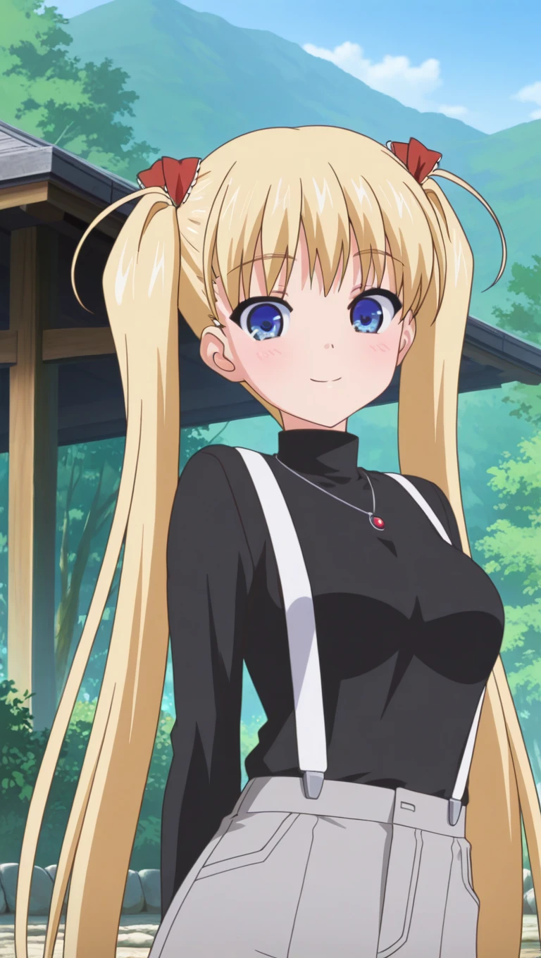 (masterpiece),best quality,amazing quality,very aesthetic,absurdres,newest,perfect body,shiny skin,perfect eyes,detail1eye,well-defined fingers,well-defined fingernails,anime style,outdoors,1girl,solo,upper body,(portrait:1.5),looking at viewer,facing viewer,smile,blush,Caixukun Uniform,Airi Akizuki,ahoge,very long hair,blonde hair,high twintails,hair ribbon,red ribbon,bangs,blue eyes,necklace,turtleneck sweater,black sweater,long sleeves,white suspenders,suspenders,grey pants,black footwear,<lora:Airi Akizuki(oc)-Illus:2>,<lora:Caixukun[Uniform]-Illus:2>,