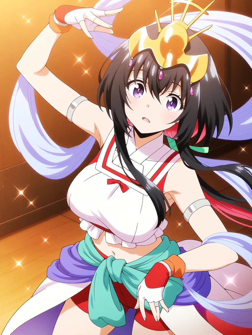 masterpiece,best quality,amazing quality,solo,1girl,<lora:Tsukimiya-ILXL-v1:1>,Tsukimiya,purple_eyes,colored_inner_hair,brack_hair,red_hair,low_ponytail,sidelocks,hair_ribbon,dancer,silver_armlet,showgirl_skirt,red_shorts,green_ribbon,blue_shawl,white_sleeveless_top,gold and silver headpiece,dance,