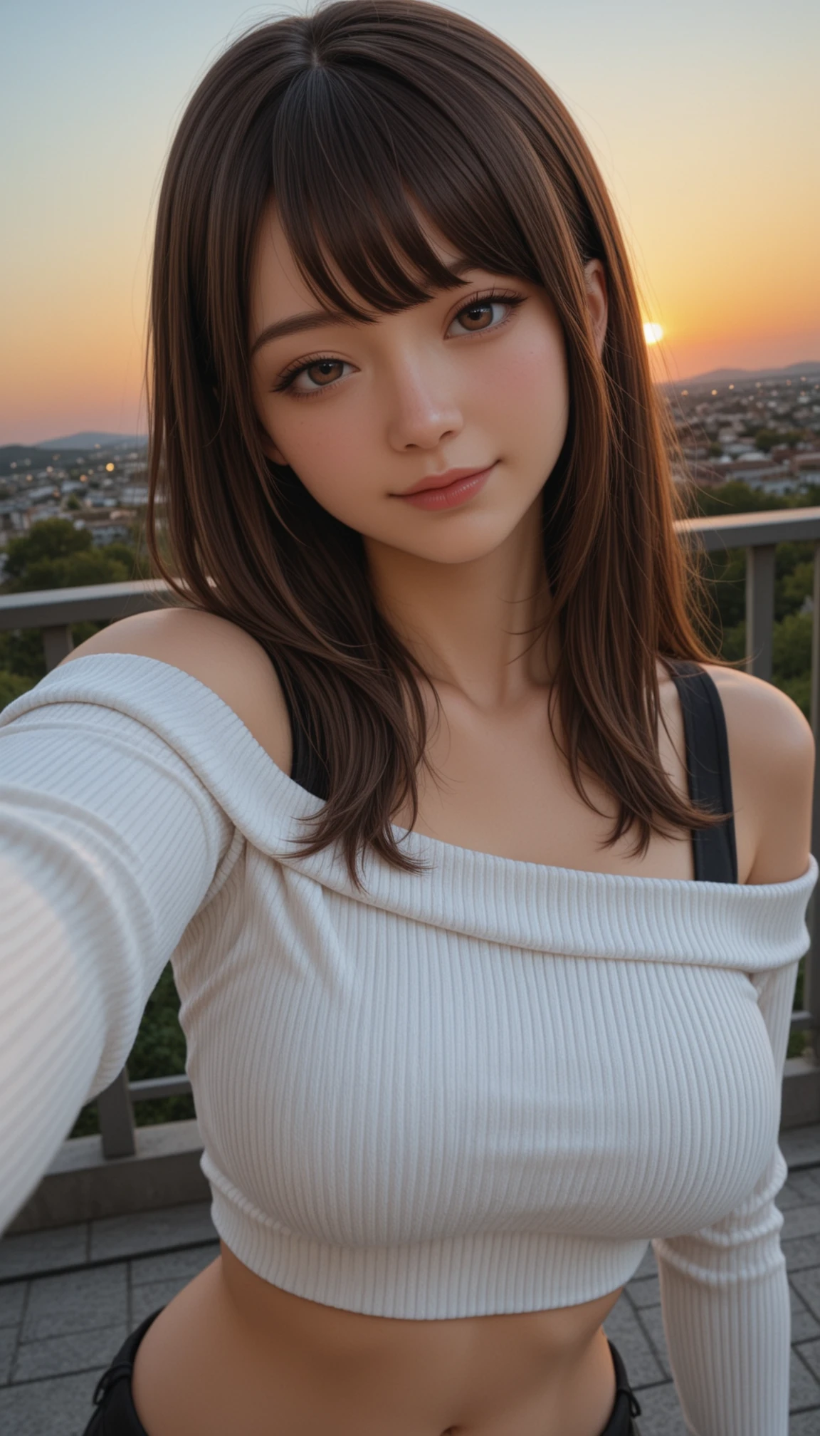 masterpiece, best quality, amazing quality, 4k, very aesthetic, high resolution, ultra-detailed, absurdres, scenery, realistic, photo, 1girl, solo, innocent and alluring, selene, generous, long hair, brown hair, brown eyes, alternative vibe, beautiful eyes, uneven eyes, light smile, closed mouth, large breasts, loose oversized off-shoulder crop top ribbed white sweater sleeves past wrists, navel, looking at viewer, (head tilt:1.2), selfie, (outstreched arm, portrait, upper body:1.2), close-up, (from above:1.1), dutch angle, sunset, outdoor, BREAK, detailed eyes, detailed skin, depth of field, photorealistic details
