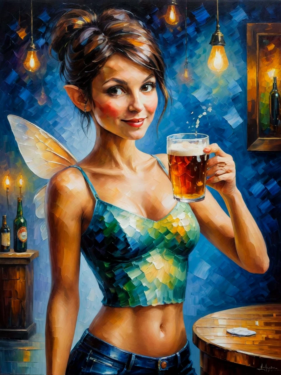 Masterpiece. A painting.
A pixie, celebrating life, drinking a pint of lager.
<lora:Afremov01_CE_XL_200-OT:0.6> afrmvCE_style