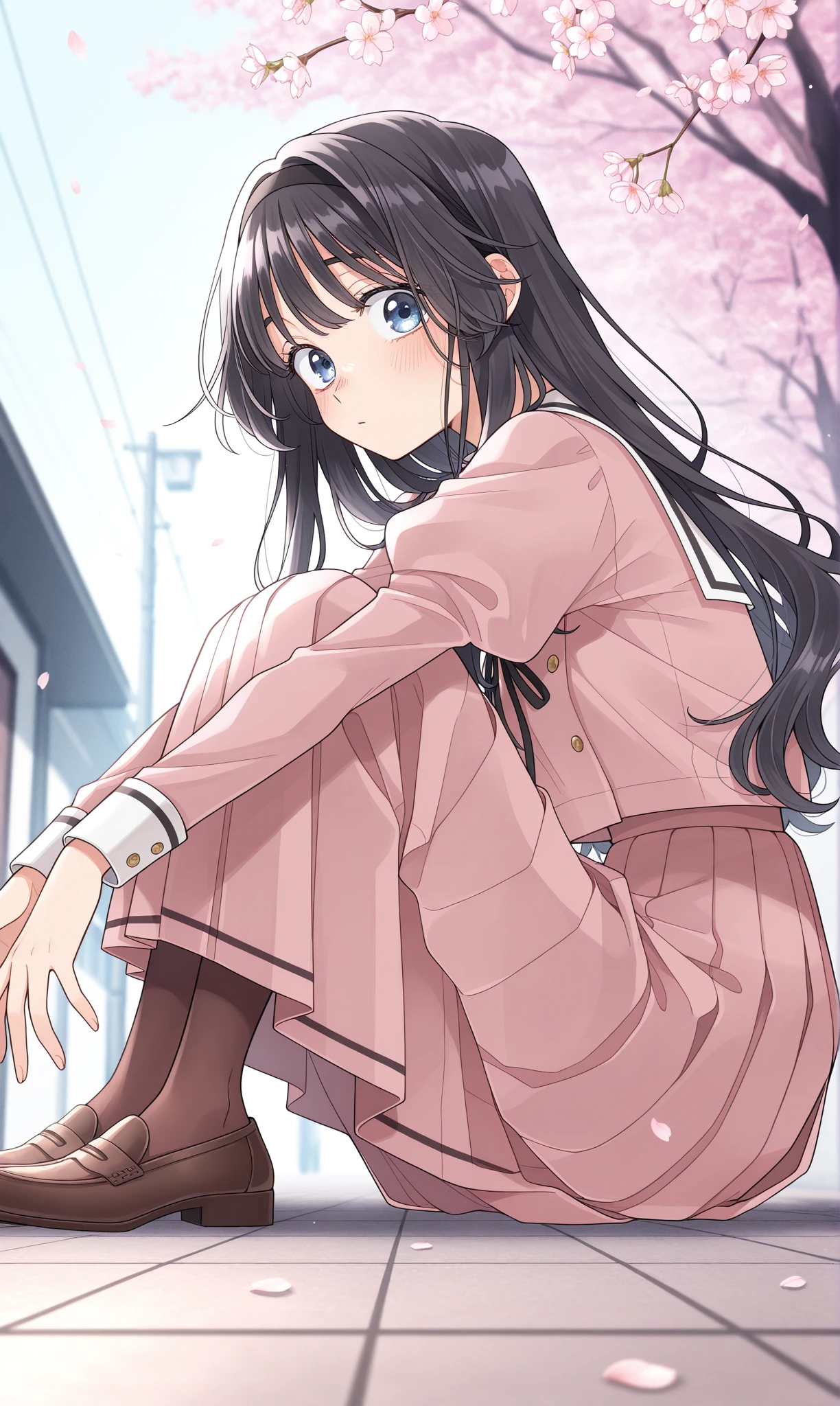 <lora:waguri_kaoruko_illust_scarxzys:1>, waguri kaoruko, blue eyes, black hair, long hair, hairband, pink shirt, juliet sleeves, white serafuku, pink skirt, long skirt, black ribbon, brown pantyhose, brown shoes, loafers, sitting, knees up, floor, from side, from below, 1girl, solo, masterpiece, best quality, amazing quality, cherry blossoms, street, looking at viewer, close-up