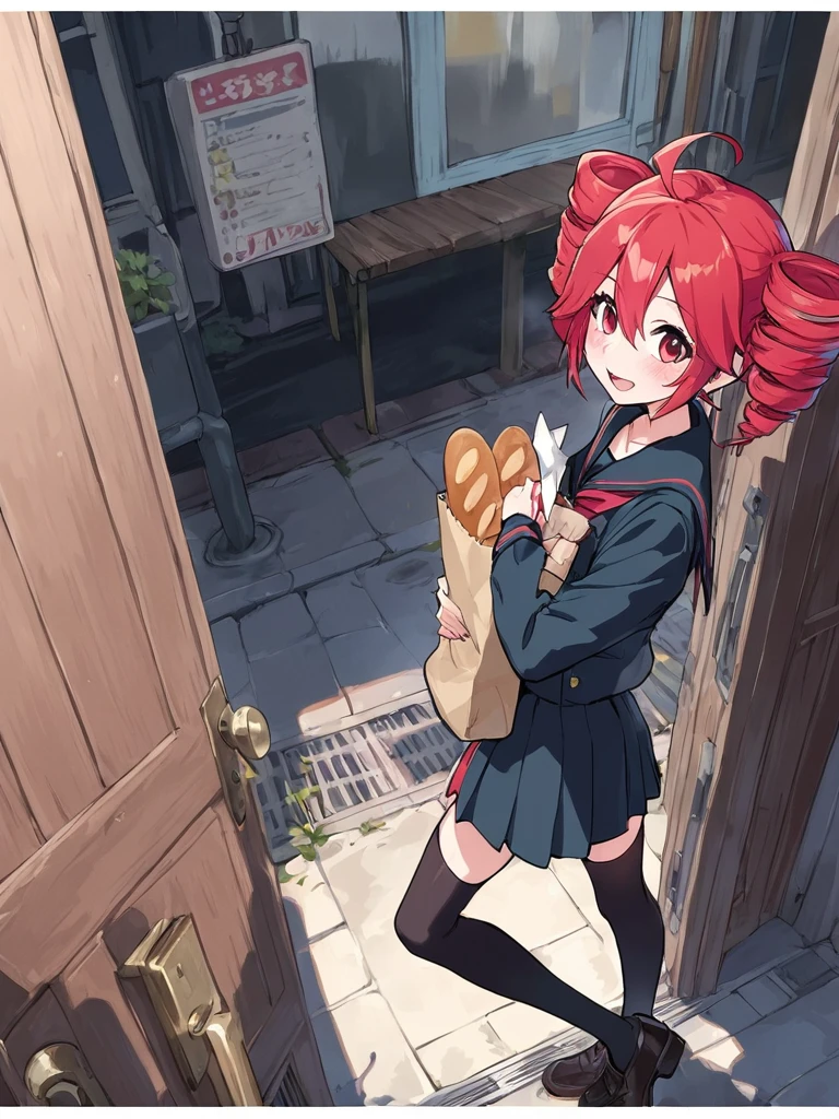 kasane teto, 1girl, solo, 4k, extra detailed, cute stockings, 8k, ultra details, a lot of lines, looking at viewer, blush, smile, open mouth, short hair, shirt, skirt, long sleeves, red eyes, thighhighs, holding, standing, school uniform, ahoge, outdoors, red hair, pleated skirt, food, serafuku, black thighhighs, black skirt, sailor collar, bag, from side, black shirt, looking to the side, from above, drill hair, twin drills, black sailor collar, walking, black serafuku, door, holding bag, bread, lamppost, shopping bag, open door, paper bag, doorway, baguette, opening door, grocery bag, pov doorway