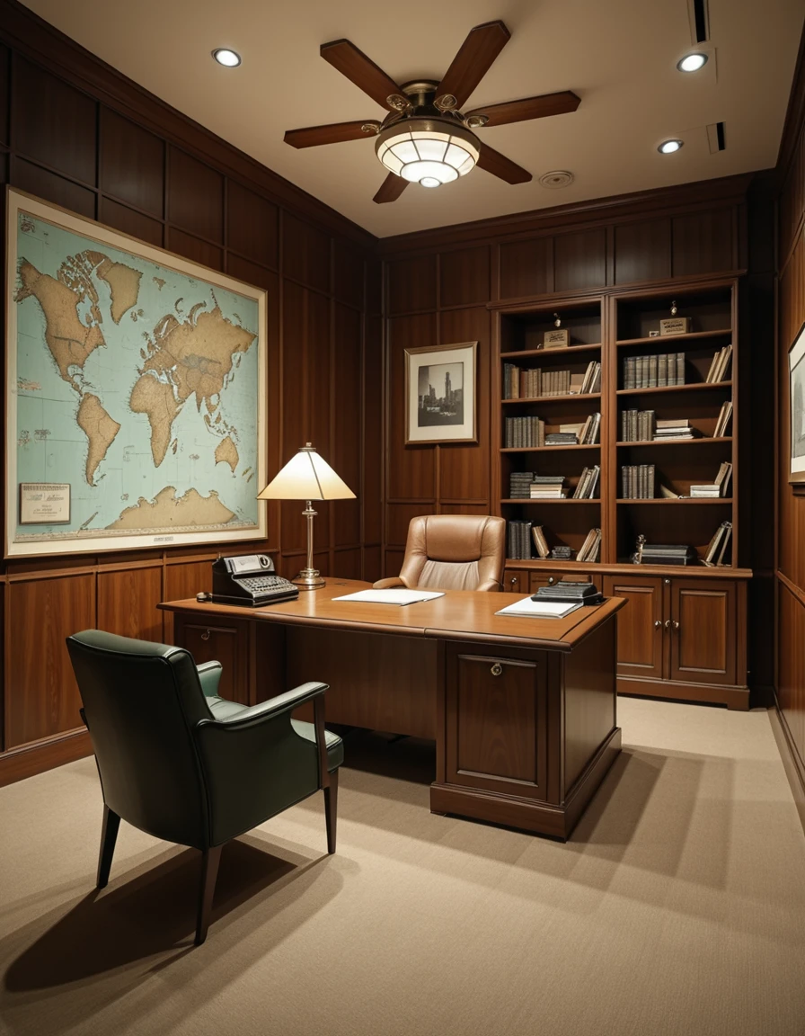 Hidden high within the brutalist skyscraper, the CEOâs office is an anachronistic time capsule, untouched since the 1960s. Unlike the surrounding concrete monotony, this room is paneled in rich, dark walnut wood, with geometric inlays and polished brass accents. From the viewerâs perspective, the large executive desk is centered in the frame, its front edge facing directly toward the viewer. A tall, leather-upholstered chair sits behind the desk, facing forward toward the viewer, with a floor-to-ceiling bookcase behind it, filled with outdated corporate binders, vintage encyclopedias, and Cold War-era dossiers. On the wall behind the chair is a large, faded world map dotted with pins. Muted earth-toned carpeting softens the sound of footsteps, and a pair of green mid-century armchairs are positioned in the foreground, facing the desk. A rotary telephone, an old intercom box, and a heavy ashtray rest on the desk surface. Dim lighting comes from a Sputnik-style ceiling fixture and a pair of brass floor lamps with amber glass shades. Another wall features a black-and-white photo of the building under construction, while a sealed filing cabinet hums faintly in the corner. The air smells faintly of dust, paper, and aging leather. There are no windows. The atmosphere is frozen in timeâcontrolled, nostalgic, and subtly ominous.CEO 0ff1c3 <lora:CEO_0ff1c3-i:1>, Masterpiece,best quality,hi res,8k,hi res,8k,award winning,(sharp focus, intricate, highly detailed),