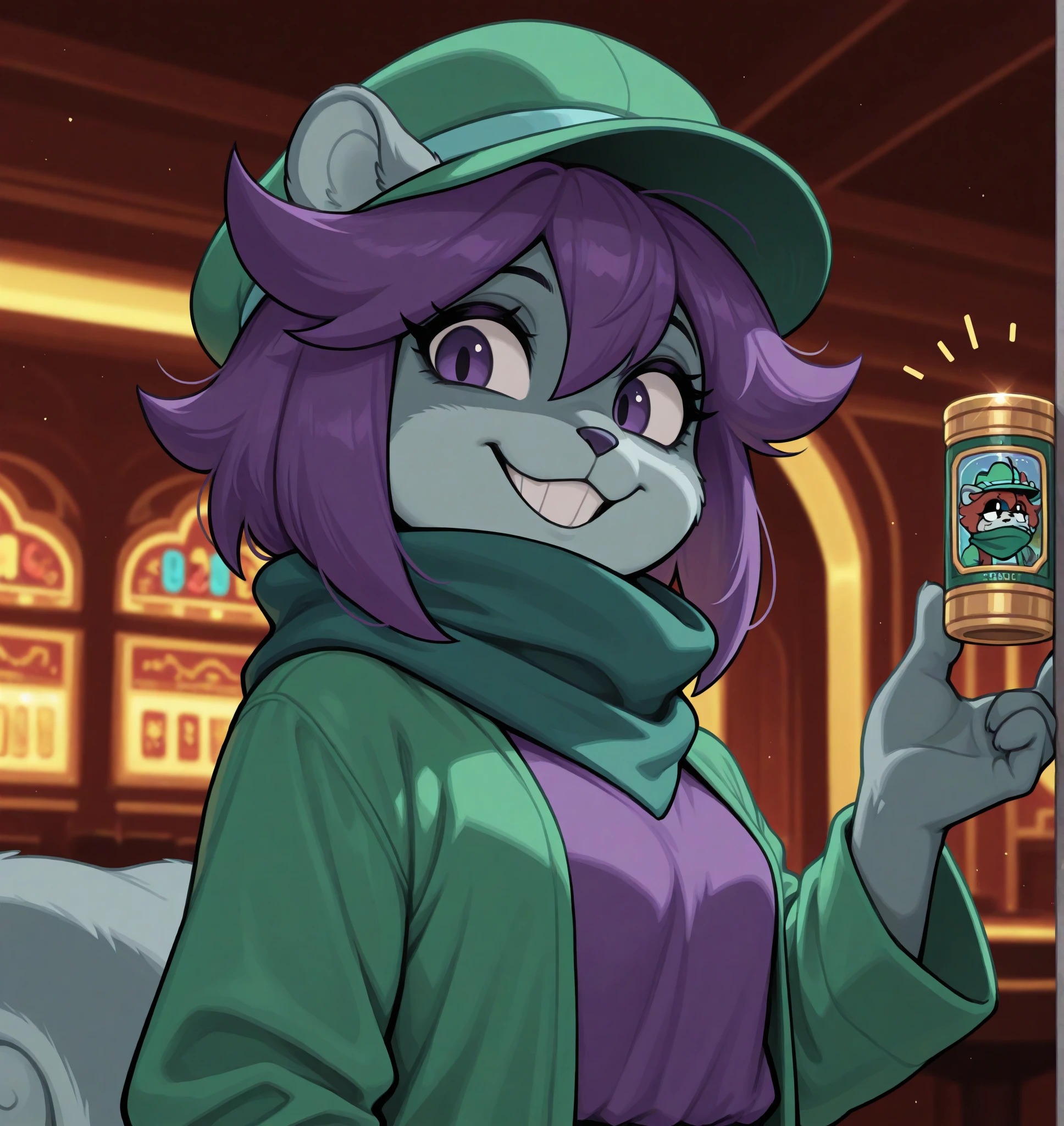 masterpiece, best quality, 2024, 2023, hi res,  <lora:Mooch_Undertale_Yellow:0.7>, mooch (undertale yellow), grey squirrel, female, undertale, tree squirrel, undertale (series), anthro, purple hair, green hat, scarf, green scarf,   clothed, clothing, small ,  at a casino, detailed background, balancing on a beam, bust portrait, grin, grinning, sketch