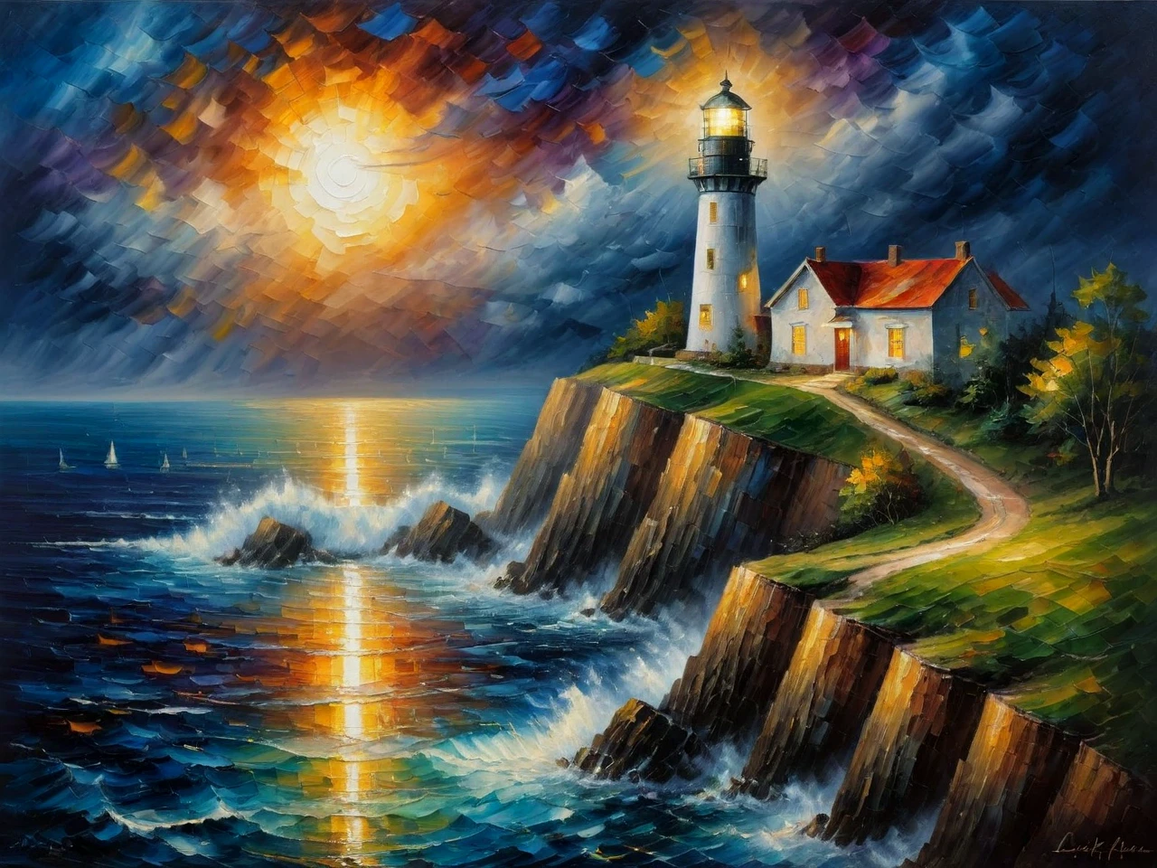 Masterpiece. A painting.
A beam o flight shines from a lighthouse on a clifftop on a stormy night.
<lora:Afremov01_CE_XL_200-OT:0.6> afrmvCE_style