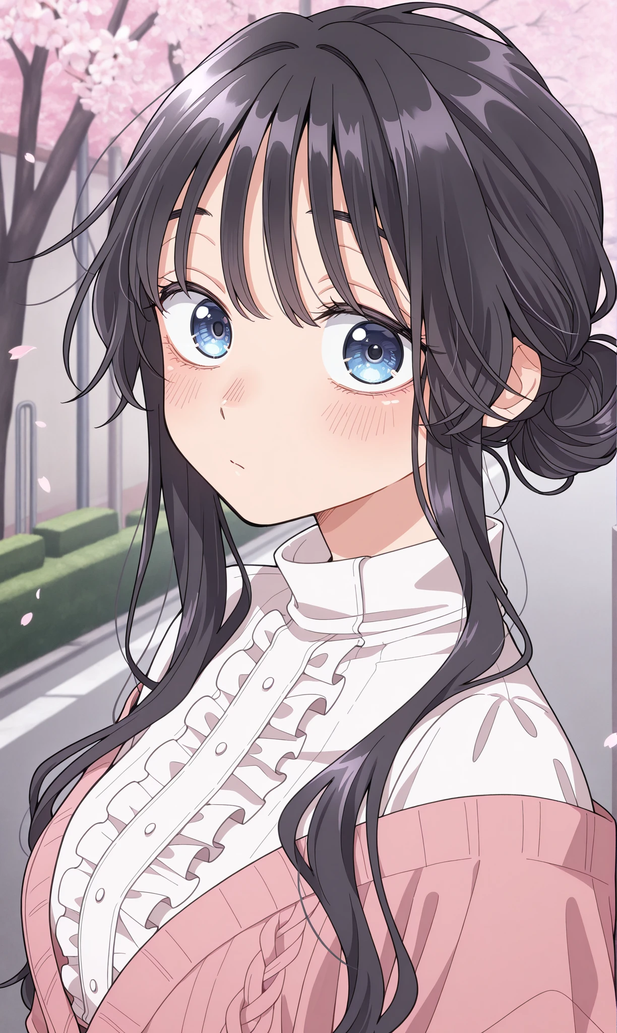 <lora:waguri_kaoruko_illust_scarxzys:1>, waguri kaoruko, blue eyes, black hair, low hair bun, pink cardigan, off-shoulder, long sleeves, white shirt, center frills, turtleneck, 1girl, solo, masterpiece, best quality, amazing quality, cherry blossoms, street, looking at viewer, close-up,