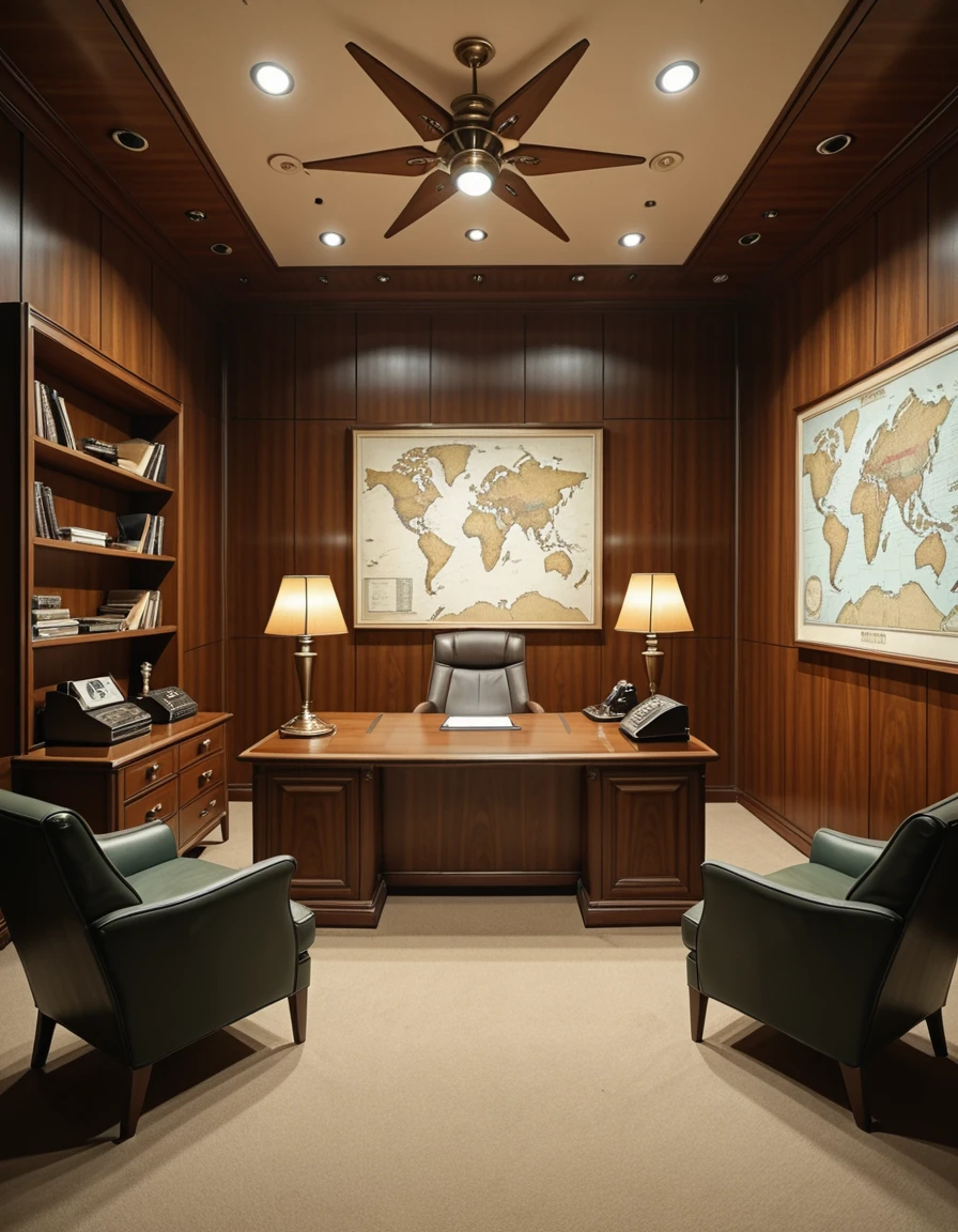 Hidden high within the brutalist skyscraper, the CEOâs office is an anachronistic time capsule, untouched since the 1960s. Unlike the surrounding concrete monotony, this room is paneled in rich, dark walnut wood, with geometric inlays and polished brass accents. From the viewerâs perspective, the large executive desk is centered in the frame, its front edge facing directly toward the viewer. A tall, leather-upholstered chair sits behind the desk, facing forward toward the viewer, with a floor-to-ceiling bookcase behind it, filled with outdated corporate binders, vintage encyclopedias, and Cold War-era dossiers. On the wall behind the chair is a large, faded world map dotted with pins. Muted earth-toned carpeting softens the sound of footsteps, and a pair of green mid-century armchairs are positioned in the foreground, facing the desk. A rotary telephone, an old intercom box, and a heavy ashtray rest on the desk surface. Dim lighting comes from a Sputnik-style ceiling fixture and a pair of brass floor lamps with amber glass shades. Another wall features a black-and-white photo of the building under construction, while a sealed filing cabinet hums faintly in the corner. The air smells faintly of dust, paper, and aging leather. There are no windows. The atmosphere is frozen in timeâcontrolled, nostalgic, and subtly ominous.CEO 0ff1c3 <lora:CEO_0ff1c3-i:1>, Masterpiece,best quality,hi res,8k,hi res,8k,award winning,(sharp focus, intricate, highly detailed),