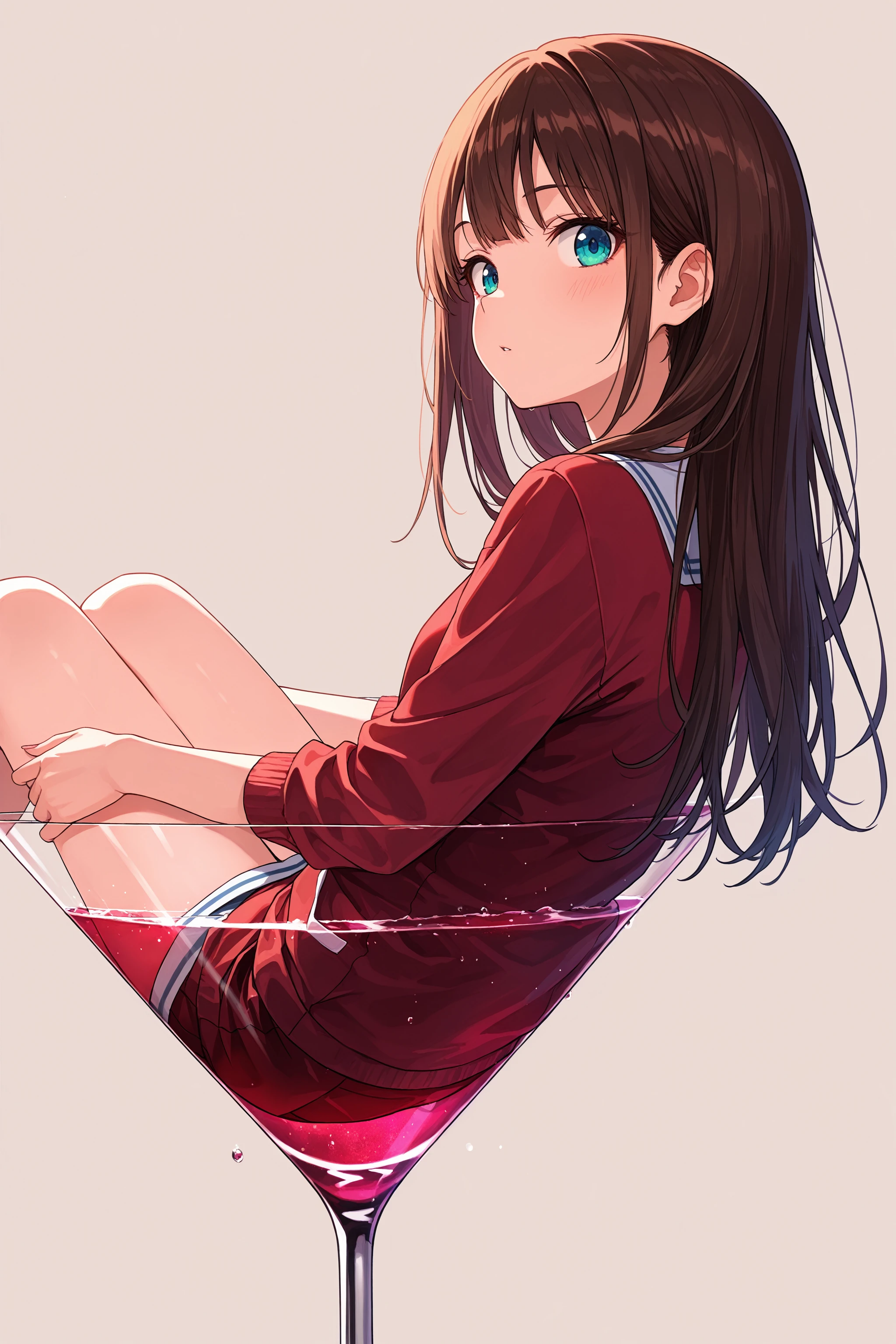 masterpiece, best quality, absurdres, safe
1girl, in cup, cocktail glass, drinking glass, simple background,
from side, looking back, looking at viewer,
<lora:in_cup_il_4_d16:1>