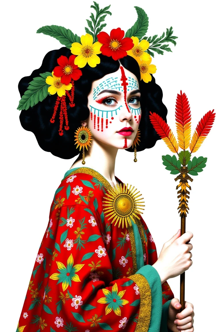 In Jonathan Reiner style, this vibrant digital artwork presents a fair-skinned individual in elaborate traditional attire. Their black, curly hair is crowned with bright red, yellow, and green flowers, while their face is adorned with striking red and blue patterns, including lines and dots across forehead, cheeks, and lips. They wear a red floral-patterned garment accented with green and yellow, complemented by a gold sunburst necklace. In their right hand, they hold a decorative staff topped with red, yellow, and green feathers. Set against a plain white background, the colorful attire and intricate details pop, blending folk art aesthetics with a contemporary flair.