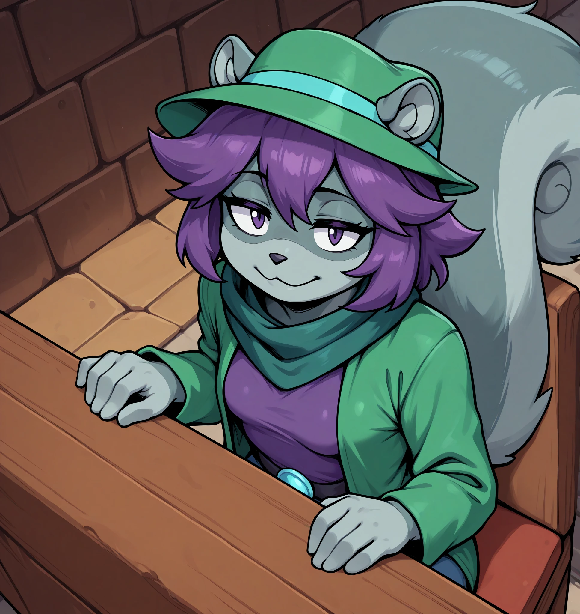 masterpiece, best quality, 2024, 2023, hi res,  <lora:Mooch_Undertale_Yellow:0.7>, mooch (undertale yellow), grey squirrel, female, undertale, tree squirrel, undertale (series), anthro, purple hair, green hat, scarf, green scarf,   clothed, clothing, small ,  in a dimly lit alleyway, detailed background, leaning on furniture, overhead shot, from above, sorry, apologetic expression, drooped posture, soft eyes, sketch