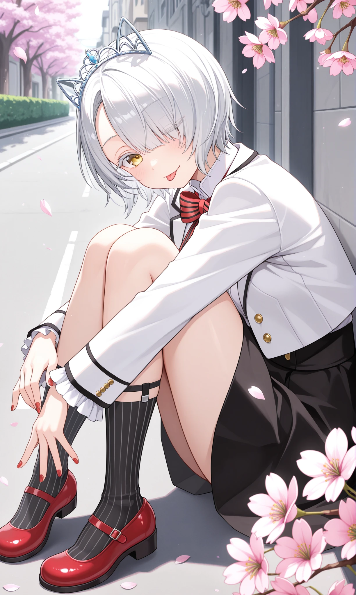 <lora:chartreux_westia_illust_scarxzys:1>, chartreux westia, striped bowtie, red bowtie, dahlia academy boarding school uniform, frilled sleeves, frills, hair over one eye, jacket, school uniform, black skirt, short hair, tiara, white hair, white jacket, white shirt, yellow eyes, colored eyelashes, long sleeves, black socks, vertical-striped socks, red footwear, mary janes, red nails, fingernails, asymmetrical bangs, 1girl, solo, masterpiece, best quality, amazing quality, cherry blossoms, street, looking down at viewer, close-up, ;p