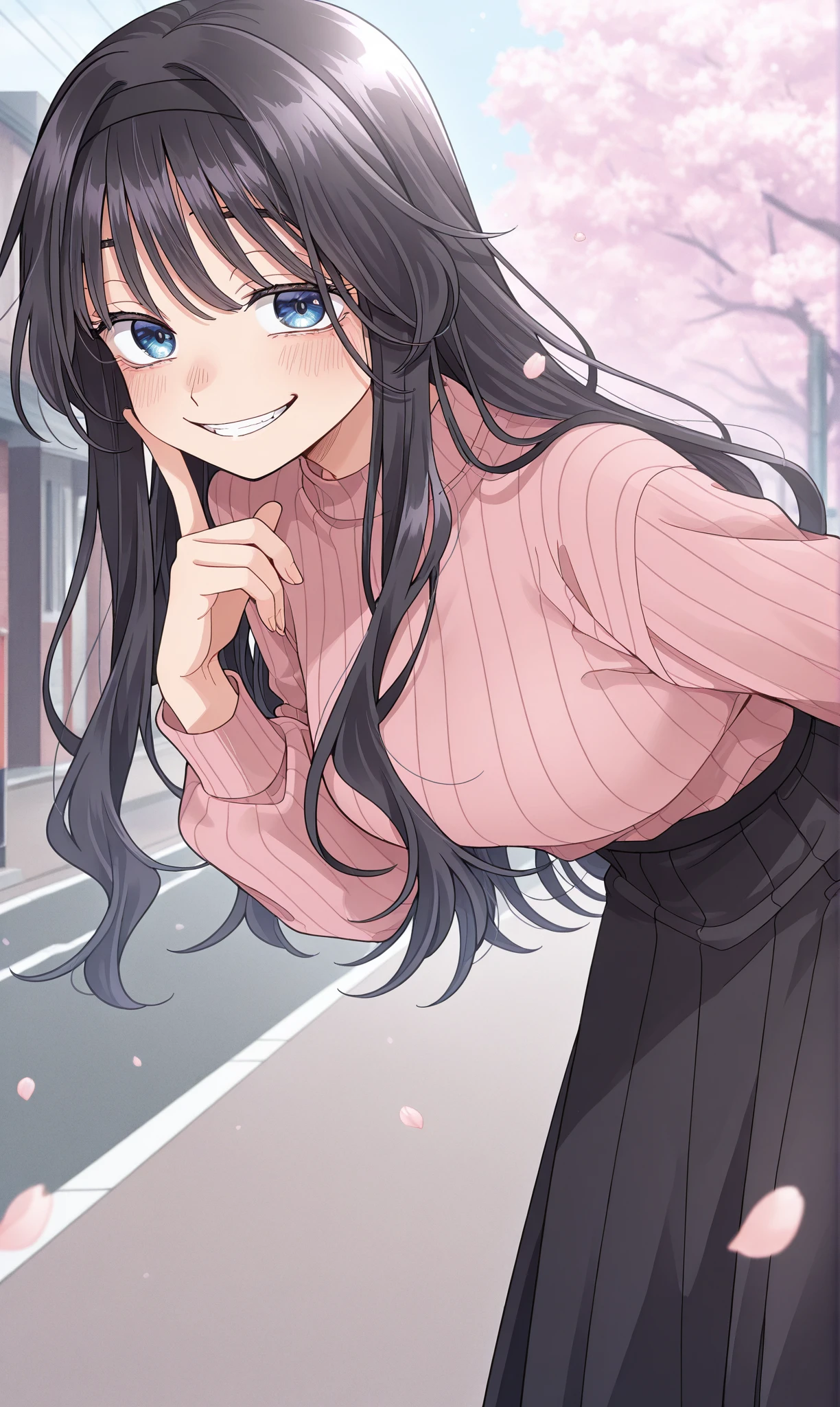 <lora:waguri_kaoruko_illust_scarxzys:1>, waguri kaoruko, blue eyes, black hair, long hair, hairband, pink sweater, ribbed sweater, black skirt, long skirt, long sleeves, shirt tucked in, 1girl, solo, masterpiece, best quality, amazing quality, cherry blossoms, street, looking at viewer, close-up, leaning forward, evil smile, finger to cheek