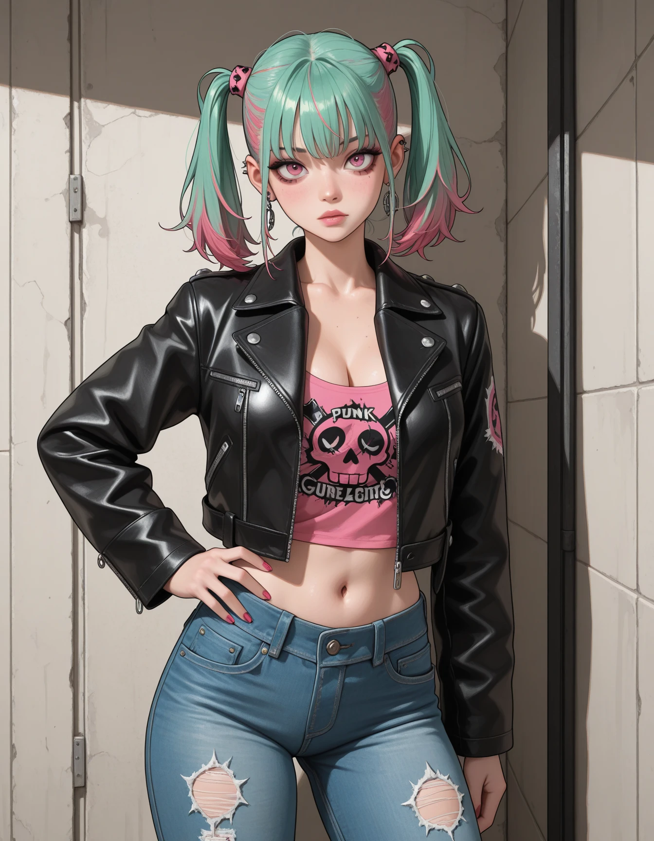 lazypos, 1girl, solo, punk, leather jacket, jeans, pink and green hair, looking at viewer