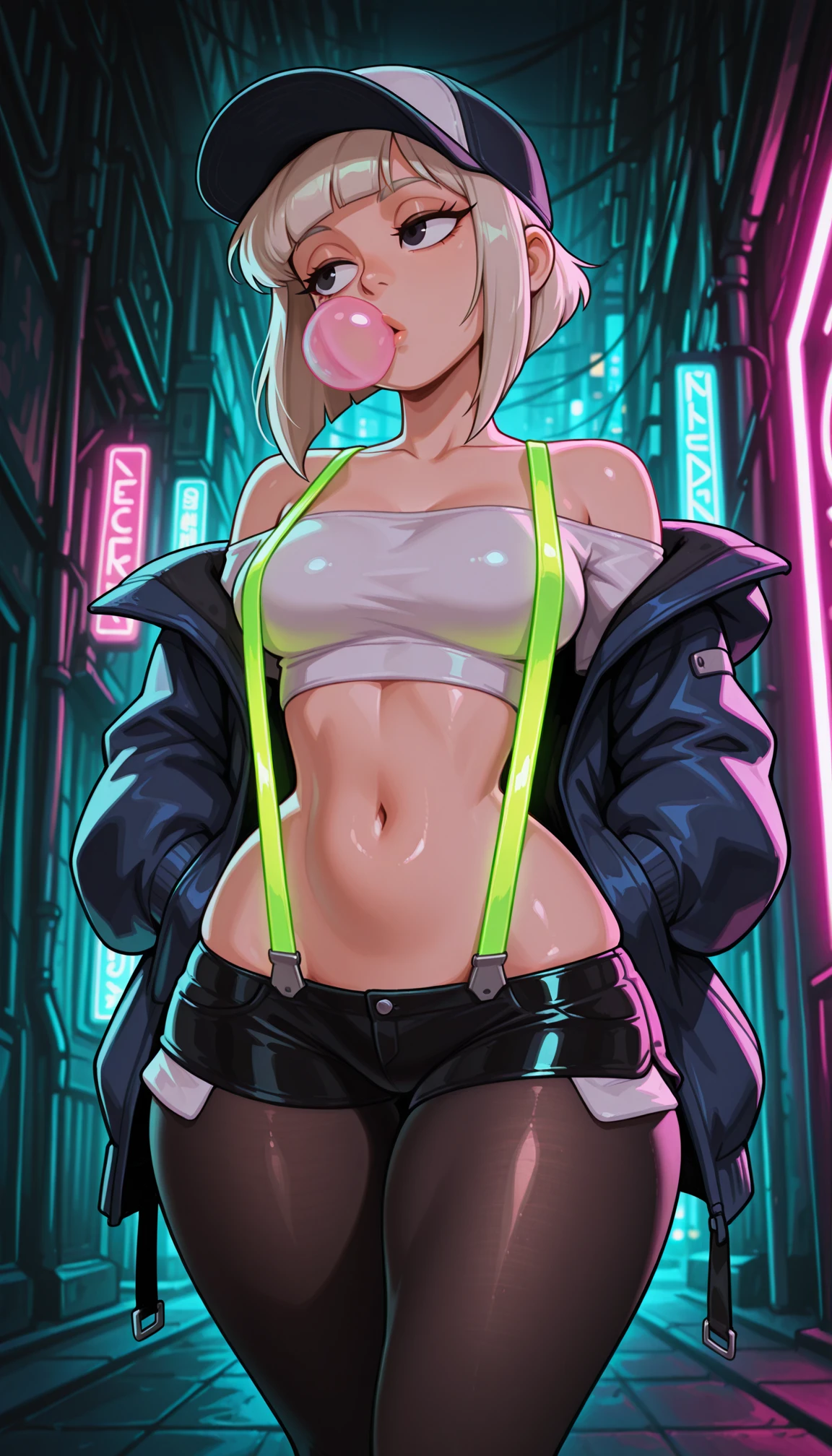 masterpiece, best quality, amazing quality, 4k, very aesthetic, high resolution, ultra-detailed, absurdres, newest, scenery, cartoon, toon, very awa, neon rim light, dark, 1girl, shiny dark eyes, platinum blonde,inverted bob, sidelocks over shoulder, oversized baseball cap, chewing gum, medium breasts, crop top white shirt, midriff, navel, dark blue open jacket, off-shoulder, wide hips, huge butt, thick thighs, skindentation (lowleg:1.2) black latex short shorts, black pantyhose, (glowing neon suspenders:1.3), looking away, hands in jacket pockets, walking, twisty pose, head tilt, wide shot, cowboy shot, from below, dutch angle, dynamic, face focus, fine fabric emphasis, shiny skin, cyberpunk, BREAK, eyes, detailed eyes, depth of field, volumetric lighting, photorealistic details