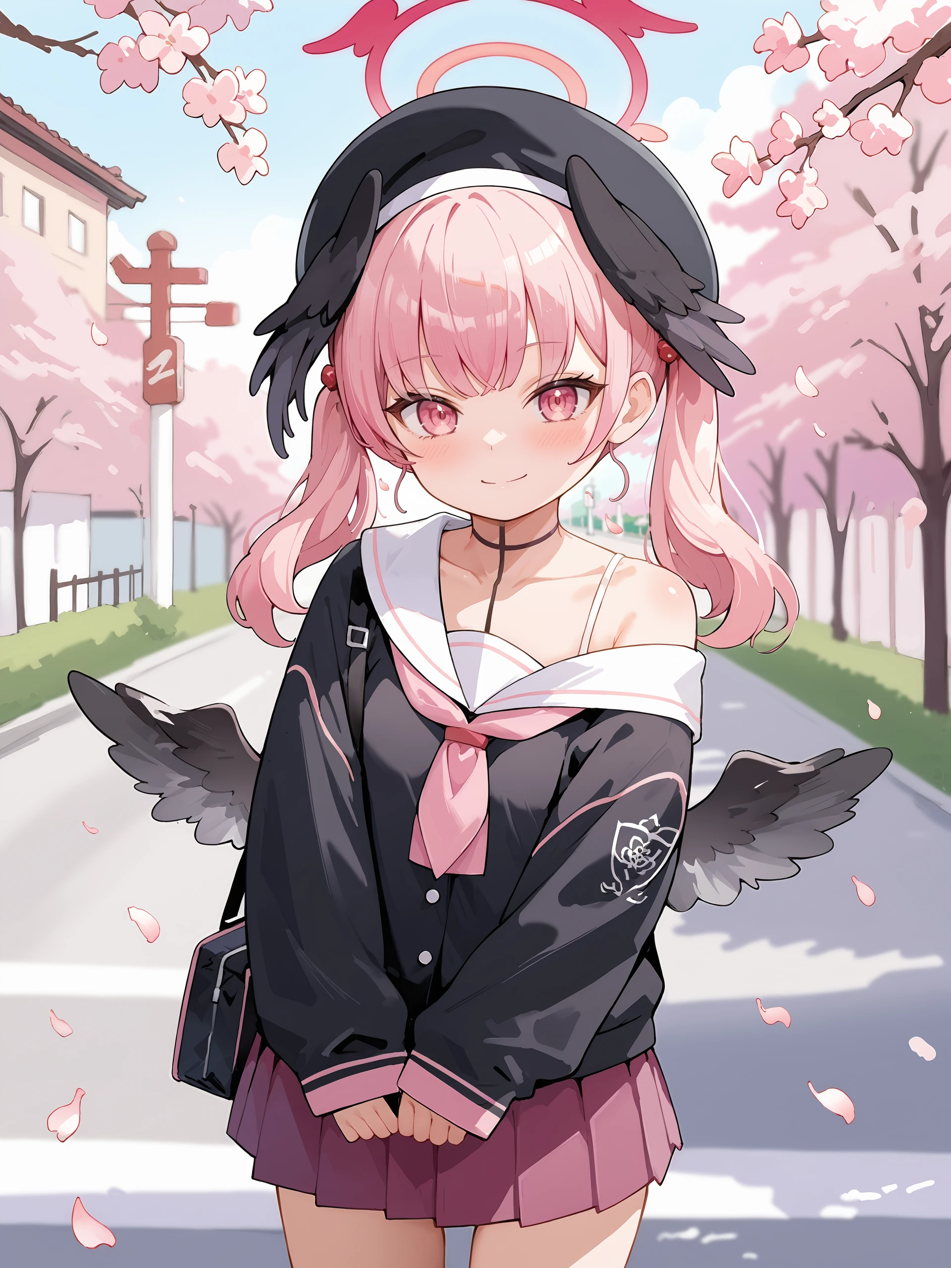 score_9, score_8_up, score_7_up, source_anime, ray tracing, best quality, <lora:style-nora_higuma:0.5>, <lora:style-zankuro:0.3>, <lora:Char-BlueArchive-Koharu-V1-Pony:0.9:hr=0.6>, 1girl, koharu \(blue archive\), twintails, halo, beret, head wings, low wings, pleated miniskirt, sleeves past wrists, sailor shirt, pink neckerchief, off shoulder, standing, cowboy shot, light smile, looking at viewer, outdoors, street, cherry blossoms, petals, depth of field