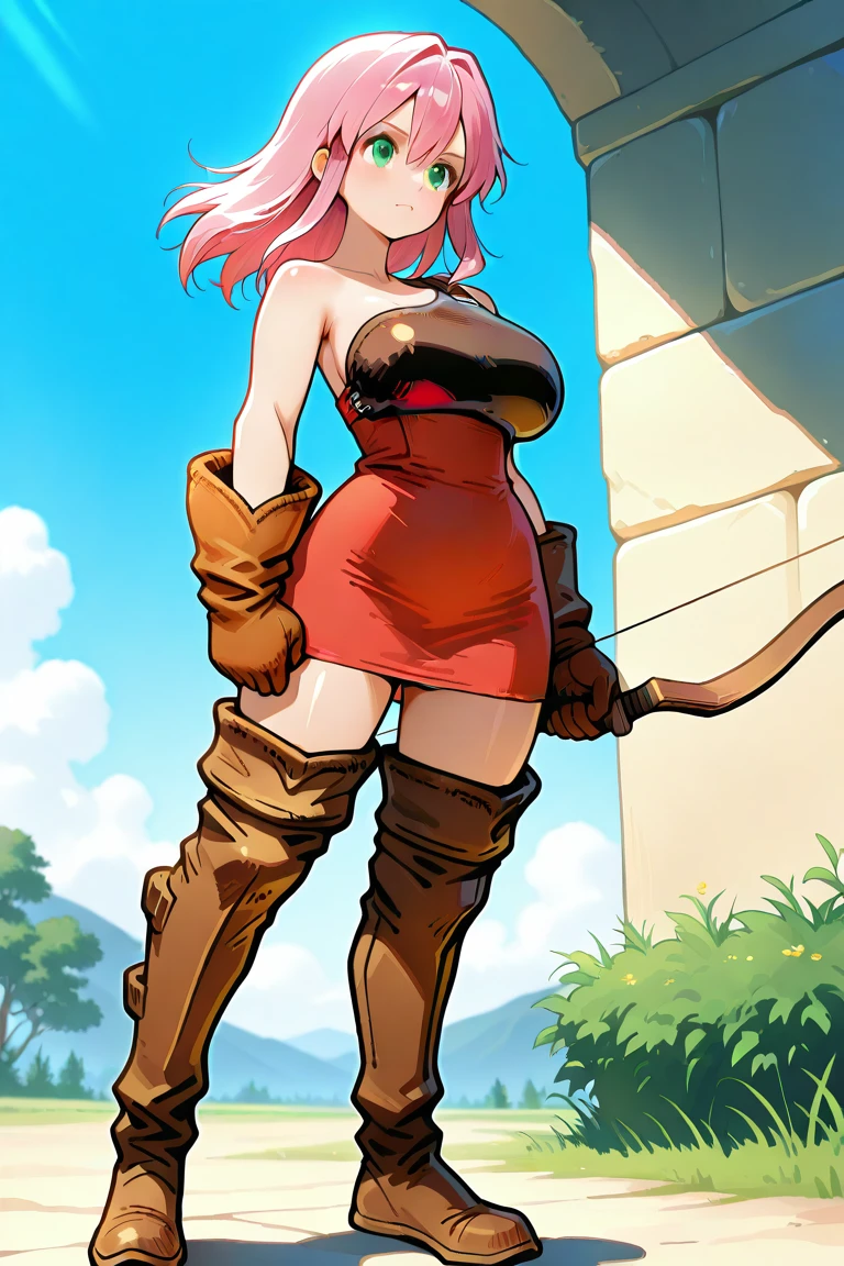 1girl, <lora:fft_archerV1_illustrious:0.8>, muneate,fft_archer,red_dress,short dress,sleeveless dress,thigh boots,brown footwear,leather gloves,leather boots,brown gloves,gloves,full body, outdoor,bow \(weapon\),, masterpiece, best quality, amazing quality, newest,detailed face, beautiful eye, <lora:fflenna-illu-nvwls-v1:1>,lennact, pink hair, green eyes, medium hair, ,
