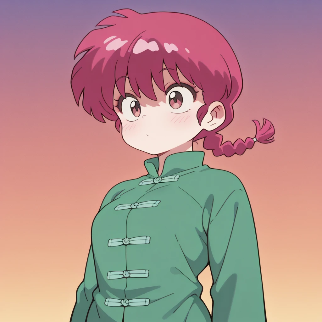 HDR, 8K, masterpiece, best quality, amazing quality, very aesthetic, high resolution, ultra-detailed, absurd, intricate details,
RanChanv2, greenout, upper body, 1girl, chinese clothes, single braid, tangzhuang, green clothes, long sleeves, green shirt, green pants, red hair,