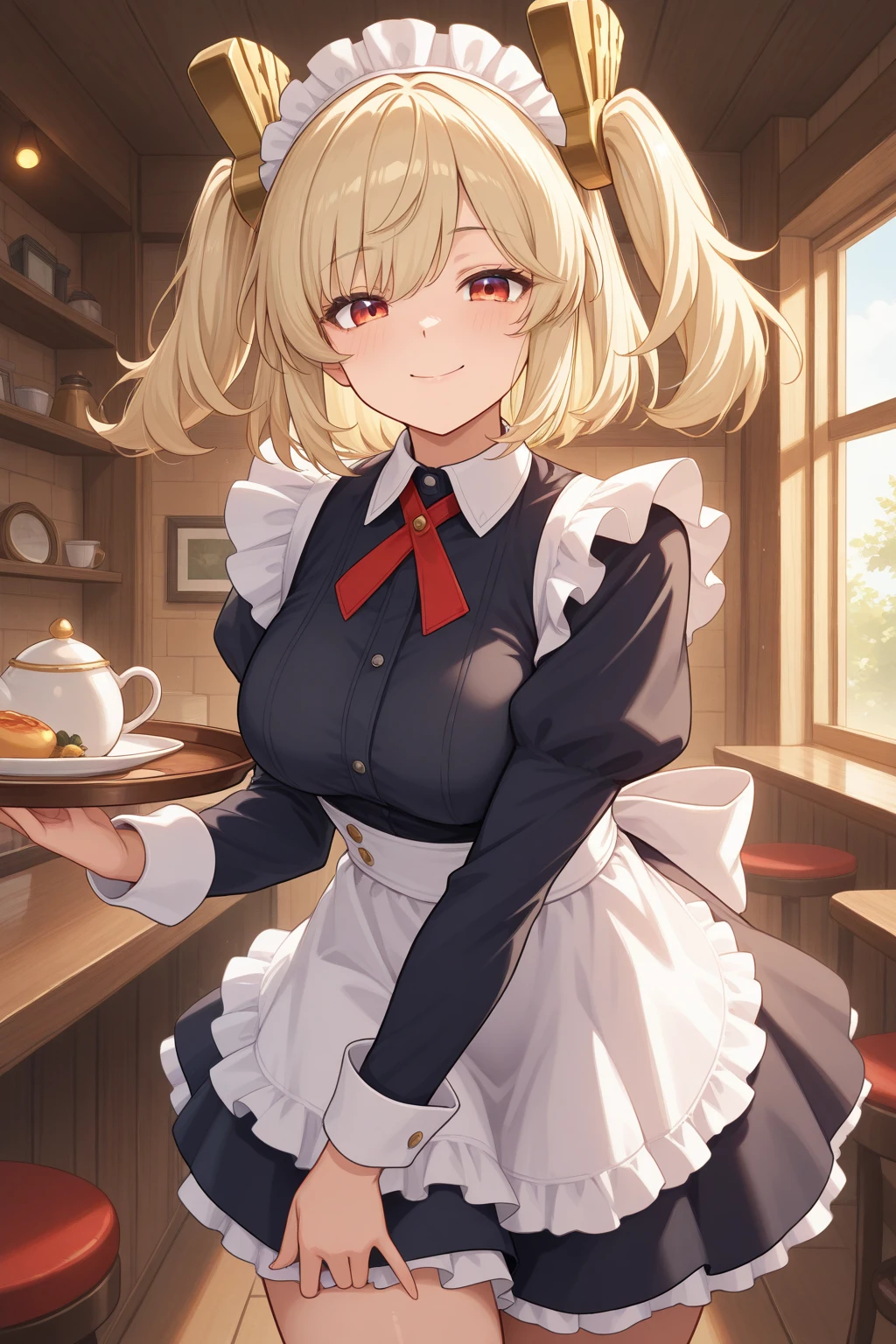 very awa, (vivid colors), detailed eyes, shining eyes, masterpiece, best quality, ultra-detailed, (8k), (hdr), (ultra-detailed), absurdres, looking at viewer, solo, 1girl, girl, indoors, cafe, day, smile, aaburnice, red eyes, blonde hair, two side up, hair ornament, maid outfit, black dress, maid apron, waist apron, white apron, frilled apron, ((standing, holding tray, cowboy shot))