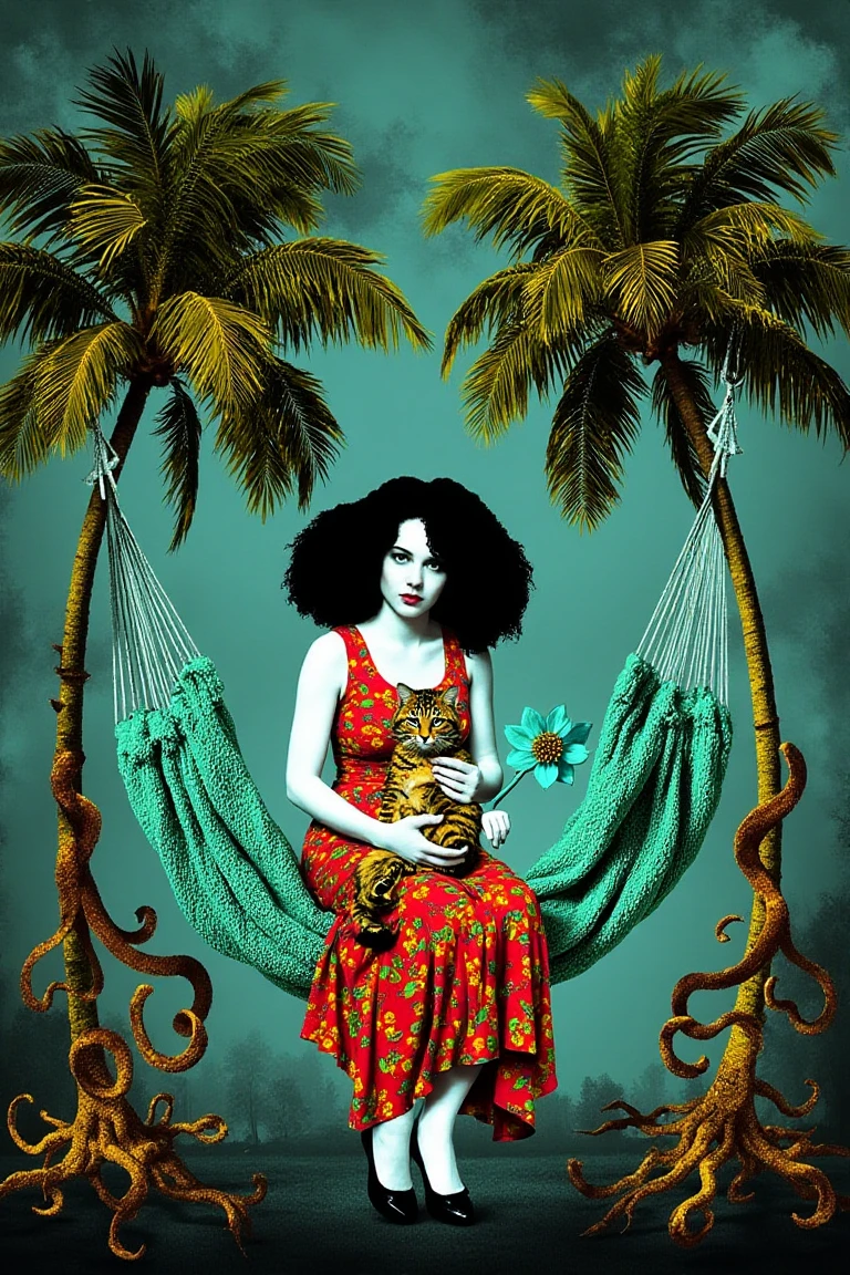 In Jonathan Reiner style, this surreal digital artwork portrays a pale-skinned, dark curly-haired woman with a slender build, seated on a green hammock strung between two palm trees. She wears a red dress patterned in yellow and green and black Mary Jane shoes, cradling a small tiger-striped cat. The background is transformed into a Beksinski-inspired landscape, featuring dark, haunting textures, twisted organic forms, and an eerie, otherworldly atmosphere. She holds a turquoise flower in her right hand, her expression calm. The composition merges vivid colors and intricate details, blending pop art sensibilities with surrealist and dystopian elements.