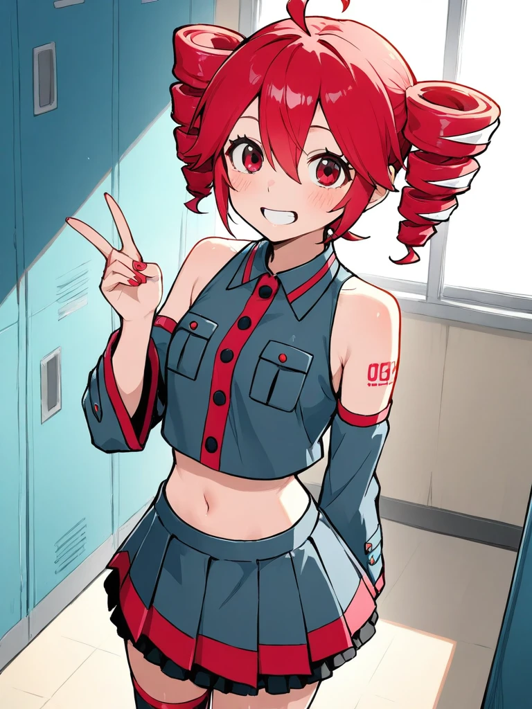 kasane teto, 1girl, solo, 4k, extra detailed, 8k, ultra details, a lot of lines, looking at viewer, stockings, gentle blush, exited, smile, short hair, shirt, skirt, long sleeves, red eyes, navel, hair between eyes, bare shoulders, standing, ahoge, cowboy shot, red hair, pleated skirt, frills, detached sleeves, sleeveless, collared shirt, indoors, midriff, black skirt, miniskirt, stomach, nail polish, grin, crop top, sleeveless shirt, tattoo, buttons, shadow, drill hair, frilled skirt, grey shirt, red nails, twin drills, arm at side, arm behind back, pocket, black sleeves, arm tattoo, breast pocket, shoulder tattoo, locker, number tattoo, sidelighting, locker room, red trim
