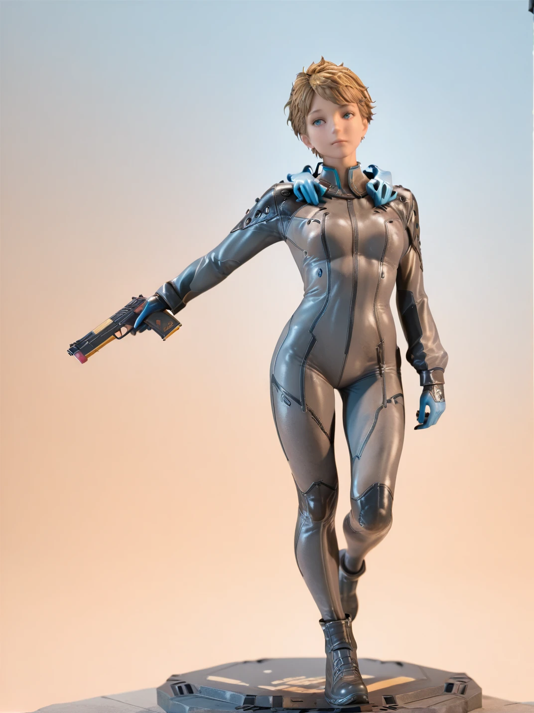 masterpiece, highres, hi res, best quality,, realistic, 
1girl, (FragilXL:1.1), blue eyes, blonde hair, short hair, bodysuit, long sleeves, 
simple background, walking, standing on base, holding gun, (full body:1.2), (cover body:1.2), head tilt,,,
<lora:AFragil_character:1>,,  <lora:ill-xl-01-pvc_2:0.9>,,