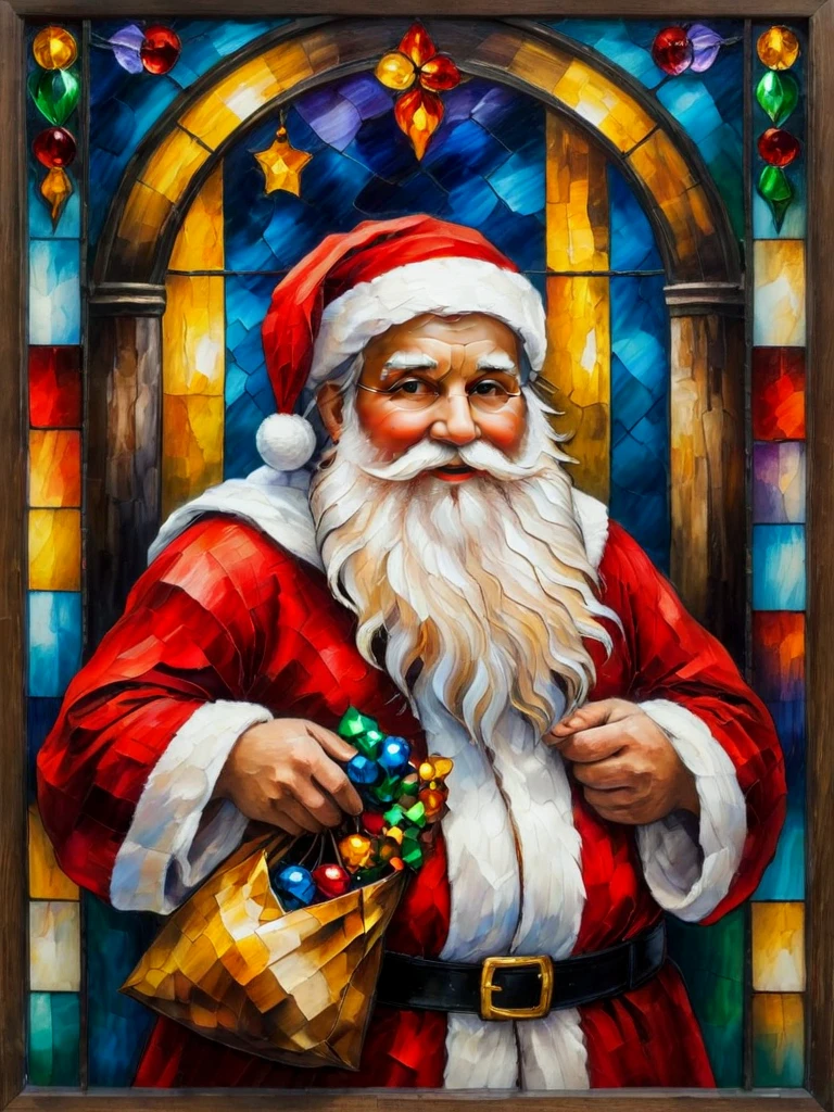 Masterpiece. A painting.
Santa holding a sack of toys. Painterly stained glass style.
<lora:Afremov01_CE_XL_200-OT:0.6> afrmvCE_style