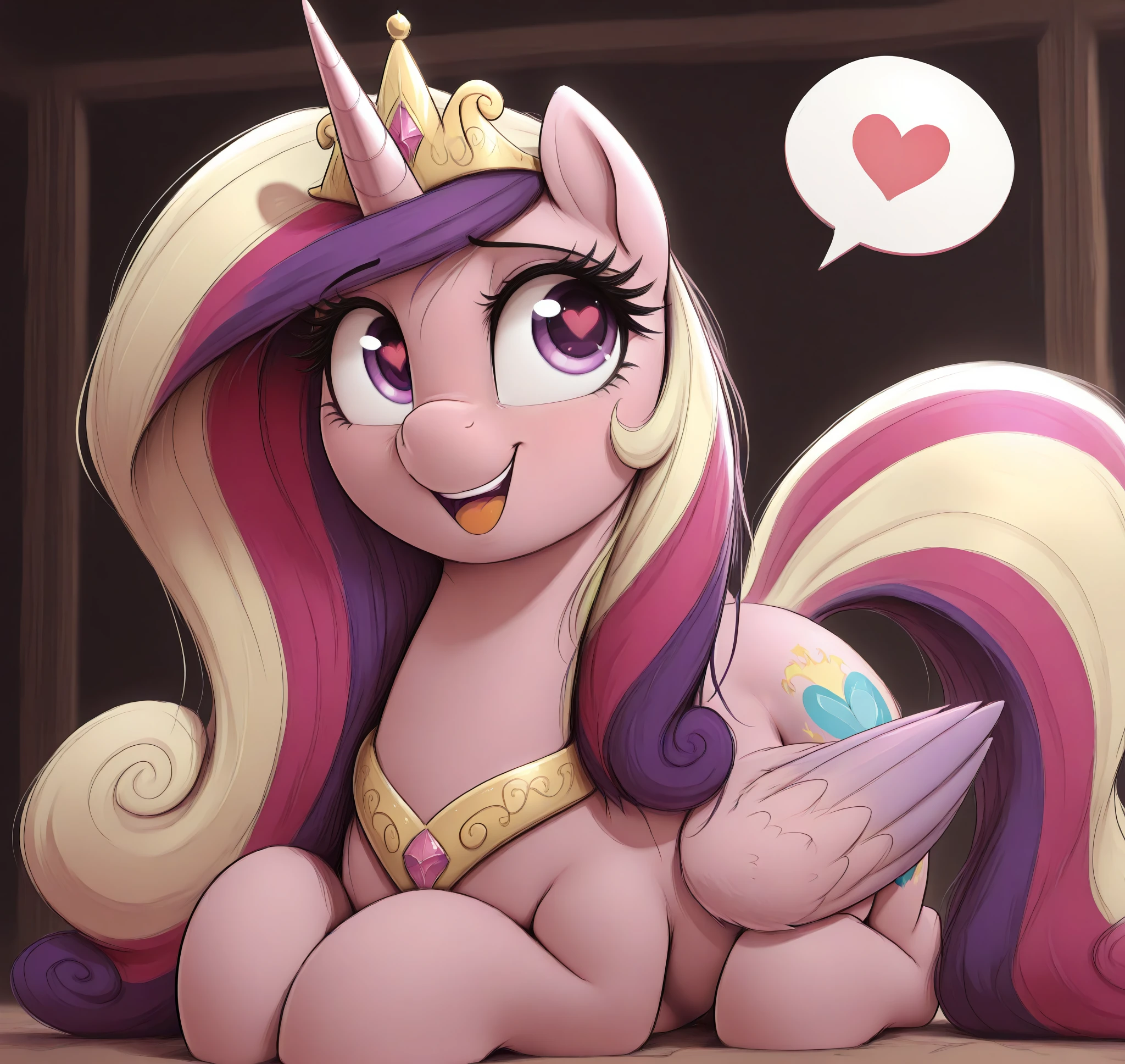 <lora:Thebatfang_Style_Illustrious:0.65> thebatfang, masterpiece, best quality, absurd res, hi res, my little pony, friendship is magic, quadruped, feral, equid, equine, pony, solo, princess cadance, feral, alicorn, feathered wings, wings, purple eyes,  at neighagra falls, prone smile, happy, speech bubble, spoken heart, heart symbol, between legs view