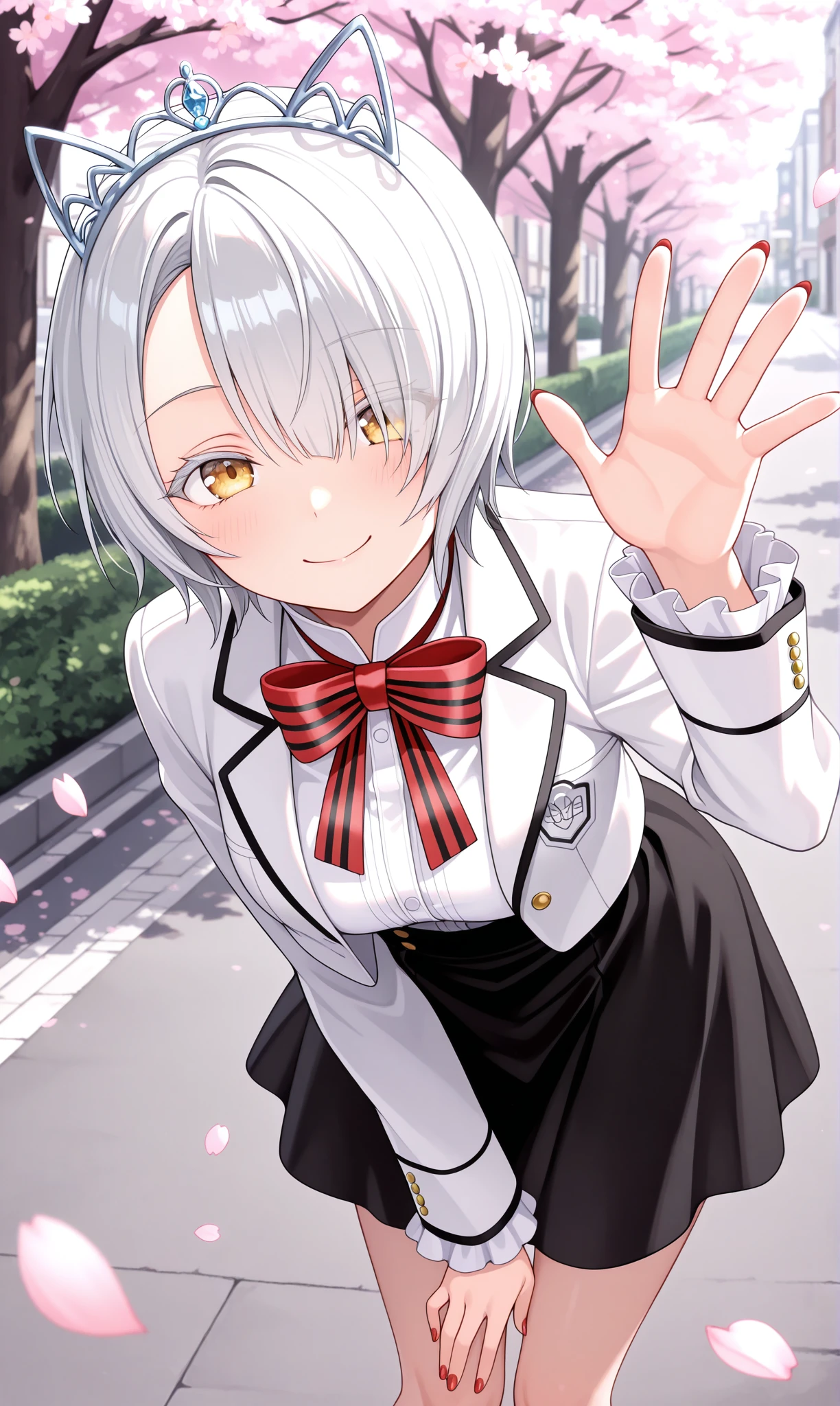 <lora:chartreux_westia_illust_scarxzys:1>, chartreux westia, striped bowtie, red bowtie, dahlia academy boarding school uniform, frilled sleeves, frills, hair over one eye, jacket, school uniform, black skirt, short hair, tiara, white hair, white jacket, white shirt, yellow eyes, colored eyelashes, long sleeves, red nails, fingernails, asymmetrical bangs, 1girl, solo, masterpiece, best quality, amazing quality, cherry blossoms, street, looking at viewer, close-up, leaning forward, smile, waving, thigh