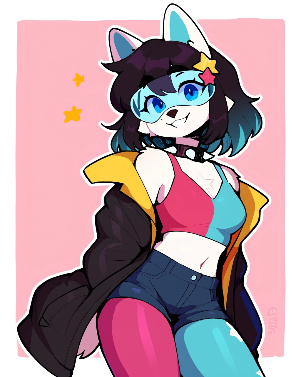 score_9_up, score_8_up, score_7_up, score_6_up, by remanedur, furry, female, fox, black hair, blue eyes, multicolored hair, medium breasts, hair ornament, pantyhose, midriff, navel, visor, jacket, shorts, open jacket, bangs, star hair ornament, spiked collar, looking at viewer, happy, smile, head tilt, solo, three-quarter view, simple background, white outline,<lora:Leah_Pines(AIM)_XL_v1:0.15> <lora:PDXL_artist_tags_v2_big:0.5> <lora:The-Minuscule-Task_PDXL_v1.0:0.6> <lora:Lanai_caff:0.6>