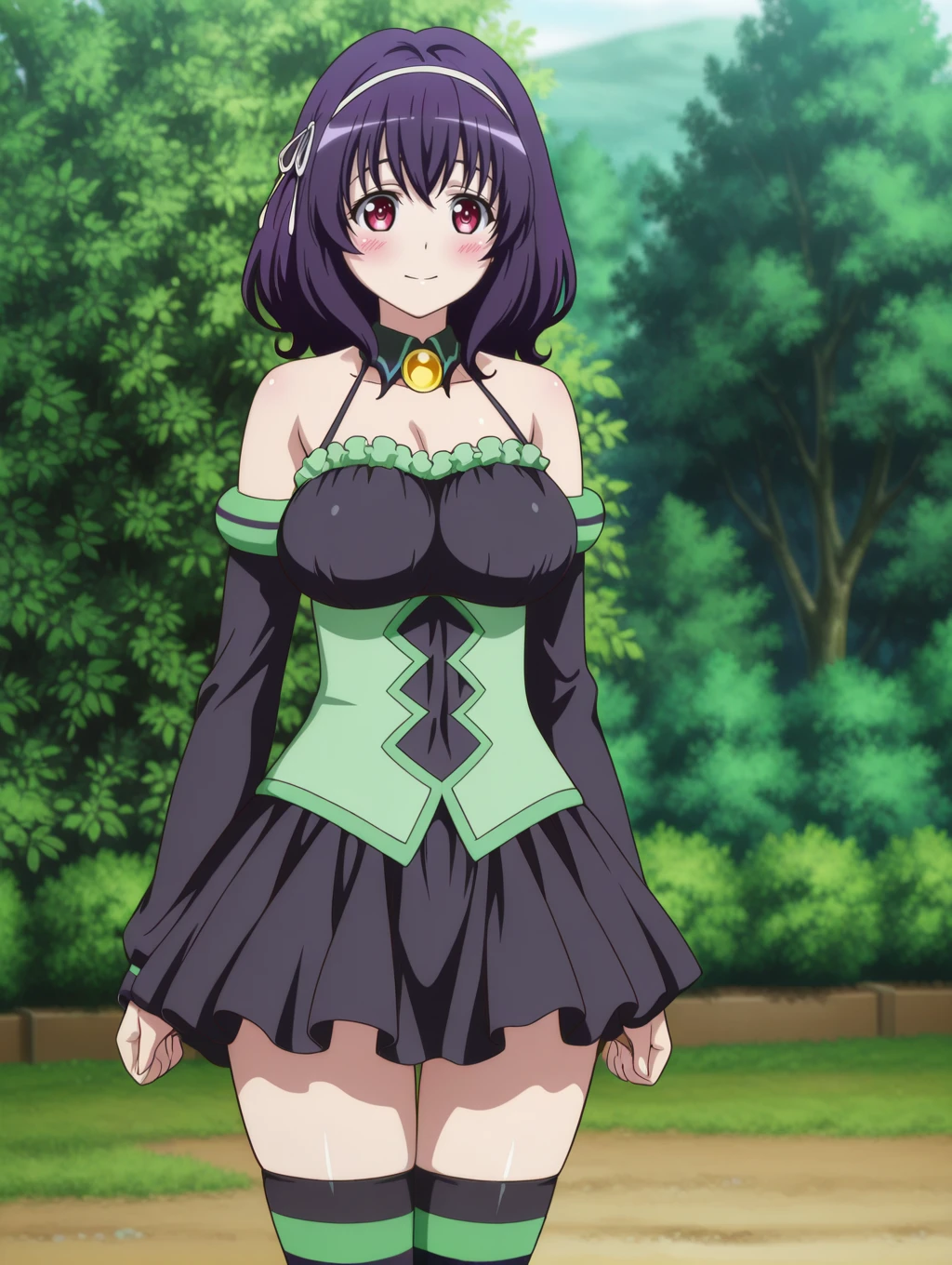 1girl, solo, very awa, absurdres, highres, absurdres, newest, masterpiece, best quality, amazing quality, very aesthetic, newest, absurdres, anime coloring, (by hanzou:0.5), (by island (kossori):0.7), by watanabe yoshihiro, BREAK 
 <lora:momodevil-Princess-Dress-Momo+Cosplay-IL0.1-V1:1> momodevil, halterneck, yellow gemstone, black dress, green corset, long sleeves, detached collar, black sleeves, pleated dress, green armbands, green frills, striped thighhighs, detached sleeves, bare shoulders, collarbone, hairband, short dress, zettai ryouiki, corset three holes, 
 <lora:Tomo_Yamanobe:1> T0m0Y4m4n0b3, red eyes, hairband, purple eyes, medium hair, large breasts,  outside, garden, happy, blush,