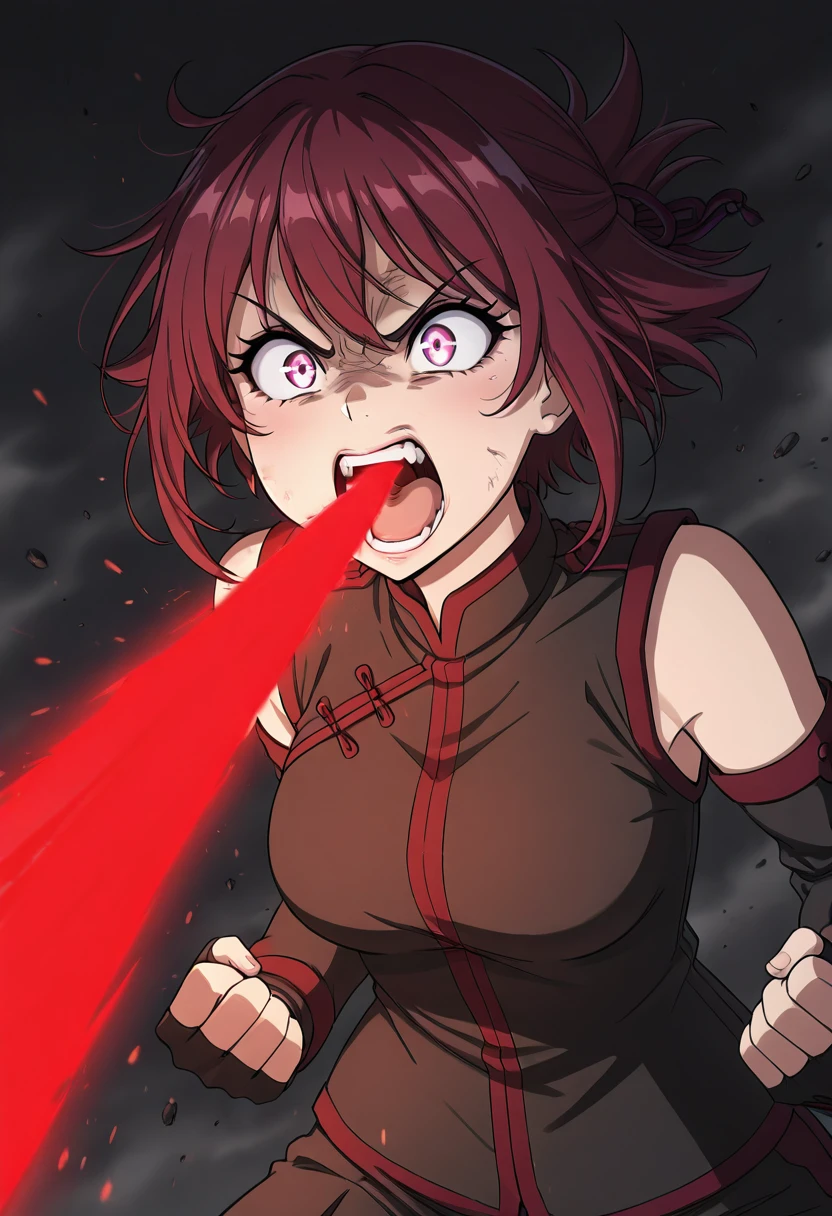 masterpiece, best quality, 1girl, solo, eyelashes, (beautiful eyes), hyp3rb34m, angry, clenched fists, red beam, <lora:HyperBeam_IXL_v1:1.0>,