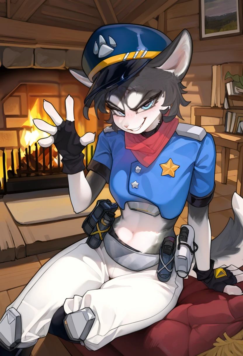 <lora:SLC_Scarlett_a1_1_NoobXL-eps:1>,<lora:Spall_Style_Ill_V2:0.5>,<lora:EatSleep1111StyleSDXL11:0.7>,eatsleep1111,artist:spaal,masterpiece,best quality,amazing quality,high quality,very aesthetic,absurdres,newest,shaded,digital media \(artwork\),depth of field,slcsrlt,anthro,female,indoors,detailed background,pose,grin,cabin,fireplace,smirk,smile,waving,v sign,sitting,couch,police hat,police uniform,pawprint,fingerless gloves,