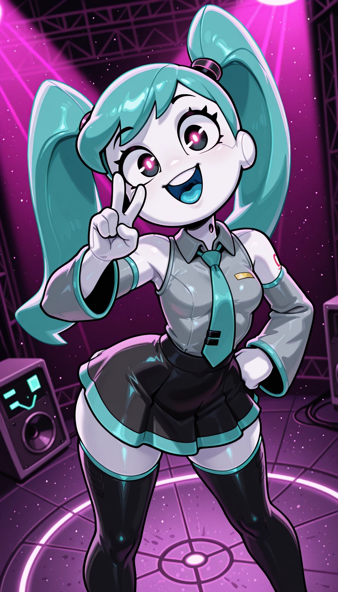 masterpiece, best quality, amazing quality, 4k, very aesthetic, high resolution, ultra-detailed, absurdres, newest, scenery, cartoon, toon, cartoon, dramatic light, 1girl, solo, (jenny wakeman:1.3) AND hatsune miku, (robot, android, part lines:1.2), (white body, white skin, metalic skin, ceramic skin:1.2), collared wide detached sleeve grey shirt, necktie, skirt, thighhighs, (no nose:1.2), [shiny black eyes:symbol-shaped pupils:13], bright pupils, big eyes, one eye half-closed, (winking:0.8), open mouth, smile, blue tongue, standing, posing, twisty pose, head tilt, legs apart, long hair, small breasts, wide hips, narrow waist, from above, face focus, dutch angle, v, one hand on hip, cyberpunk, stage, blue neon, spot light, fine shiny fablic emphasis, BREAK, robot white hands, fingers, eyes, extremely detailed eyes, photorealistic detail, detailed background, volumetric lighting, depth of field
