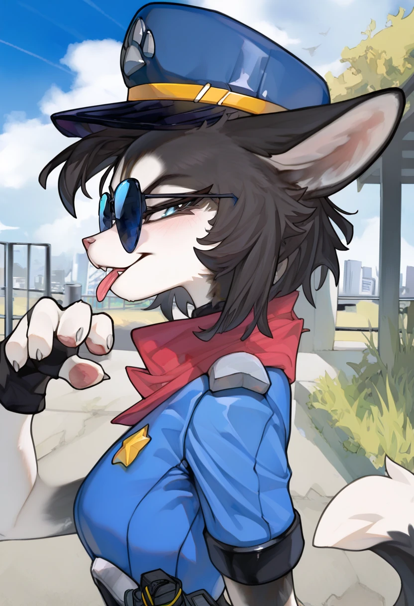 <lora:SLC_Scarlett_a1_1_NoobXL-eps:1>,<lora:Spall_Style_Ill_V2:0.5>,<lora:EatSleep1111StyleSDXL11:0.7>,eatsleep1111,artist:spaal,masterpiece,best quality,amazing quality,high quality,very aesthetic,absurdres,newest,shaded,digital media \(artwork\),depth of field,slcsrlt,anthro,female,detailed background,pose,police hat,police uniform,pawprint,sunglasses,outdoors,tongue out,headshot portrait,side view,