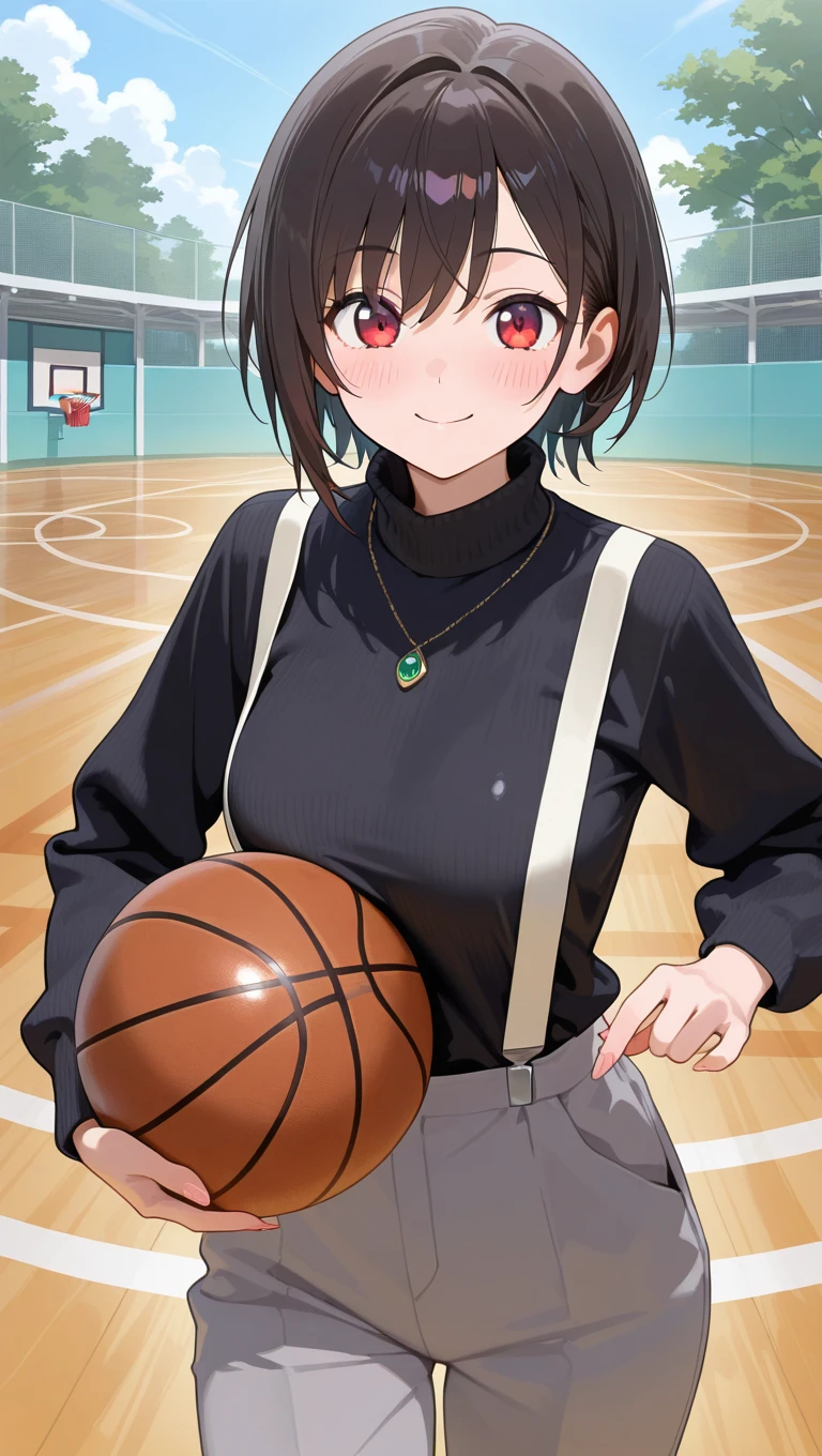 (masterpiece),best quality,amazing quality,very aesthetic,absurdres,newest,perfect body,shiny skin,perfect eyes,detail1eye,well-defined fingers,well-defined fingernails,anime style,outdoors,1girl,solo,cowboy shot,looking at viewer,facing viewer,smile,blush,Caixukun Uniform,necklace,turtleneck sweater,black sweater,long sleeves,holding basketball,white suspenders,suspenders,grey pants,black footwear,<lora:Caixukun[Uniform]-Illus:2>,