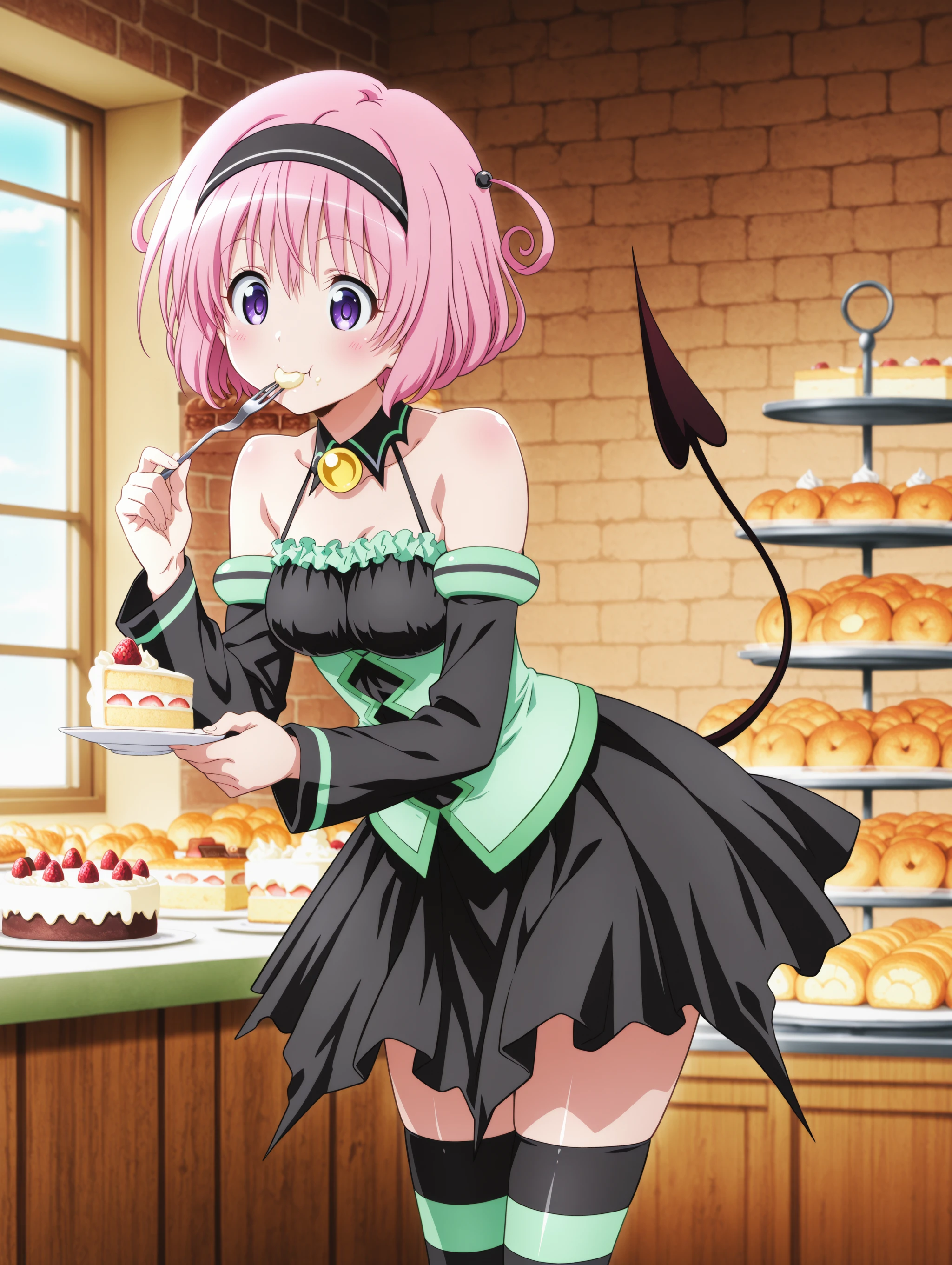 1girl, solo, very awa, absurdres, highres, absurdres, newest, masterpiece, best quality, amazing quality, very aesthetic, newest, absurdres, anime coloring, (by hanzou:0.5), (by island (kossori):0.7), by watanabe yoshihiro, BREAK 
<lora:Bakery:1> bak3ry, bakery, indoors, sweets, cake, window, happy, holding saucer, eating cake, light blush, holding fork,
 <lora:momodevil-Princess-Dress-Momo+Cosplay-IL0.1-V1:1> momodevil, pink hair, purple eyes, short hair, two sides up, hair bobbles, medium breasts, demon tail, halterneck, yellow gemstone, black dress, green corset, long sleeves, detached collar, black sleeves, pleated dress, green armbands, green frills, striped thighhighs, detached sleeves, bare shoulders, collarbone, hairband, short dress, zettai ryouiki, corset three holes,