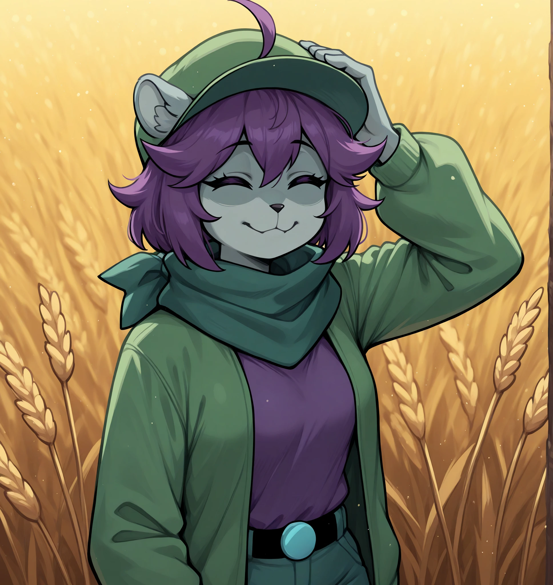 masterpiece, best quality, 2024, 2023, hi res, <lora:Mooch_Undertale_Yellow:0.7>, mooch (undertale yellow), grey squirrel, female, undertale, tree squirrel, undertale (series), anthro, purple hair, green hat, scarf, green scarf, clothed, clothing, small , in a wheat field, detailed background, standing with hand on head, frontal view, relieved, exhale, relaxed shoulders, slight smile, sketch