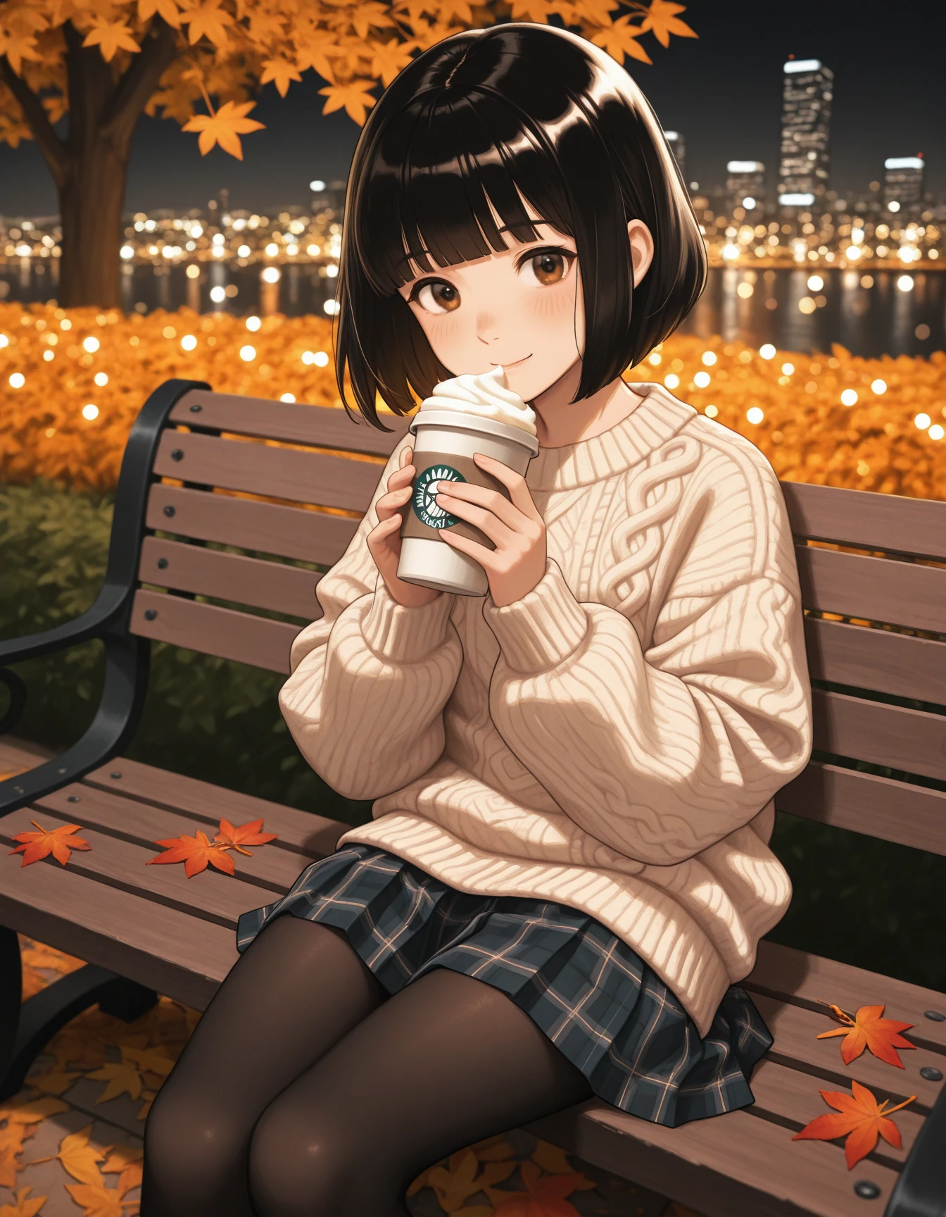1girl, solo, short bob hair, black hair, blunt bangs, brown eyes, petite, oversized cream sweater, pleated plaid skirt, black tights, sitting on city bench, coffee cup in hand, blurred city lights in background, autumn leaves on ground, gentle smile, cozy atmosphere, soft evening light, bokeh effect, masterpiece, best quality