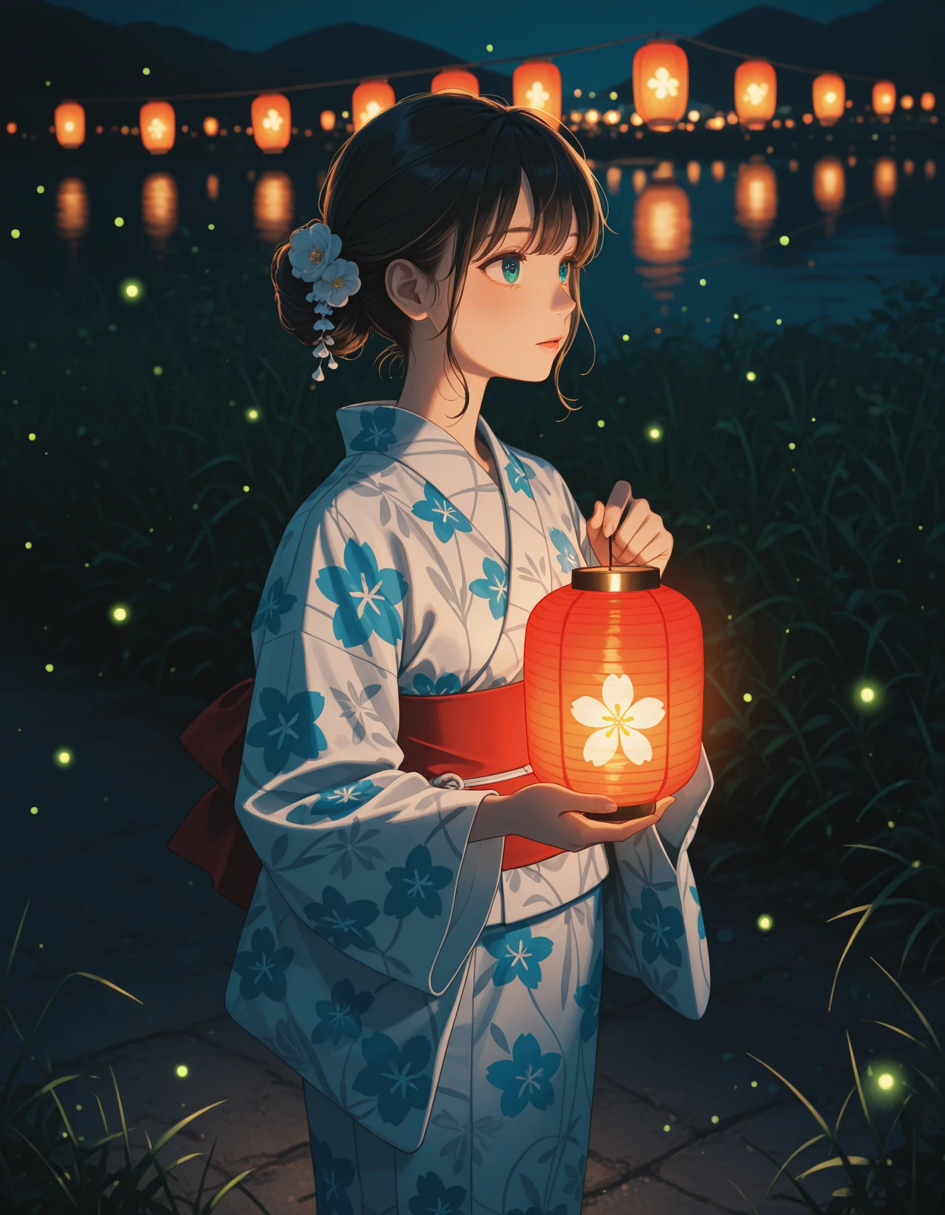 1girl, yukata with floral pattern, holding paper lantern, festival at night, glowing lanterns in background, fireflies, soft lighting