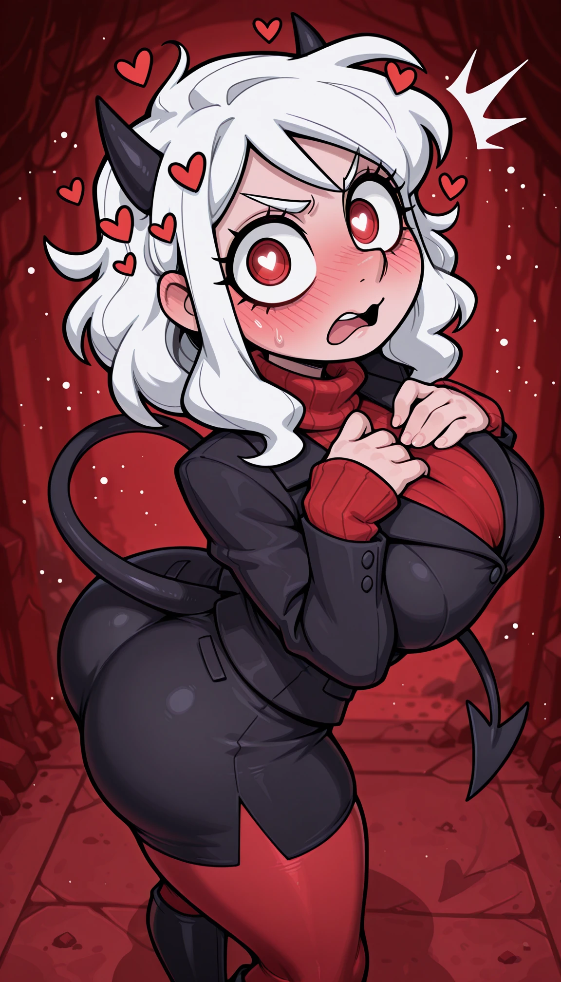masterpiece, best quality, amazing quality, 4k, very aesthetic, high resolution, ultra-detailed, absurdres, newest, scenery, cartoon, toon, 1girl, solo, cute, modeus\(helltaker\), helltaker, demon girl, black demon tail, red eyes, very big eyes, ringed eyes, heart-shaped pupils AND sanpaku, angry, anger, blush, surprised, v-shaped eyebrows, wide-eyed, open mouth, wavy mouth, black demon horns, short white hair, messy hair, heavy nose blush, huge breasts, undersized formal black jacket, tight black suit, skindentation red turtleneck ribbed sweater sleeves past wrists, narrow waist, wide hips, huge butt, large ass, thick thighs, business skirt, red pantyhose, black knee boots, hearts, looking at viewer, (upturned eyes:1.1), hands on own chest, breast suppress, contrapposto, legs apart, head tilt, hip tilt, twisted torso, leaning forward, arched back, from above, dutch angle, upper body, portrait, close-up, face focus, (fine fabric emphasis, detailed clothes:1.2), heart particles, [red background:helltaker background:11], wide shot, BREAK, detailed eyes, vignetting, detailed background, depth of field, volumetric lighting, ray tracing