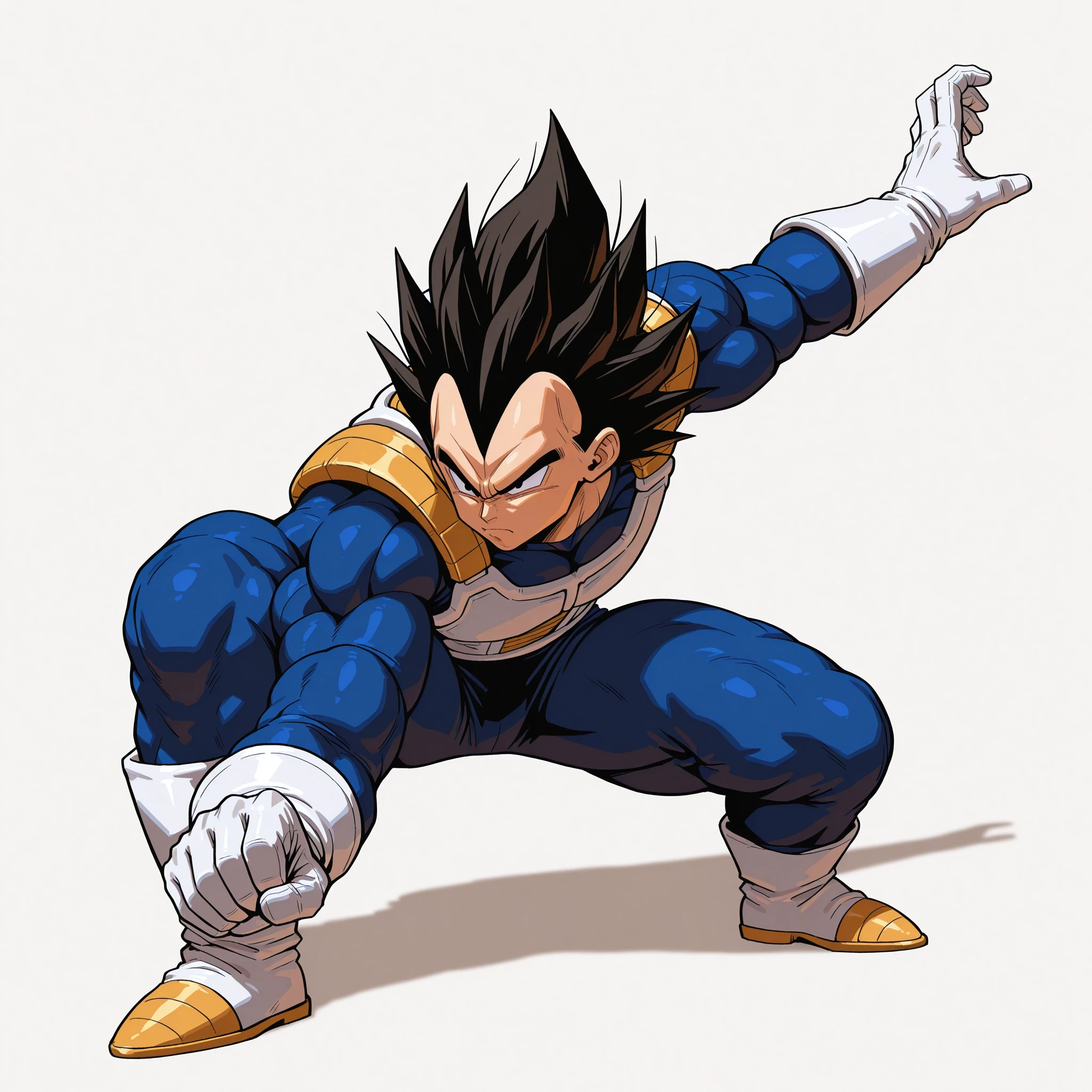 1boy, <lora:gokuPose3_V1_illustrious:0.8>,gokupose3,solo,fighting stance,white background,simple background,full body,serious,frown,clenched hand,shadow,closed mouth,crouching,leaning forward,one arm extended,other arm bent,wide stance,martial arts pose, masterpiece, best quality, amazing quality, newest,detailed face, beautiful eye,  fivefingers,vegeta,spiked hair,black hair,black_eyes, blue_suit, white gloves,white_boots,rocky,outdoor,