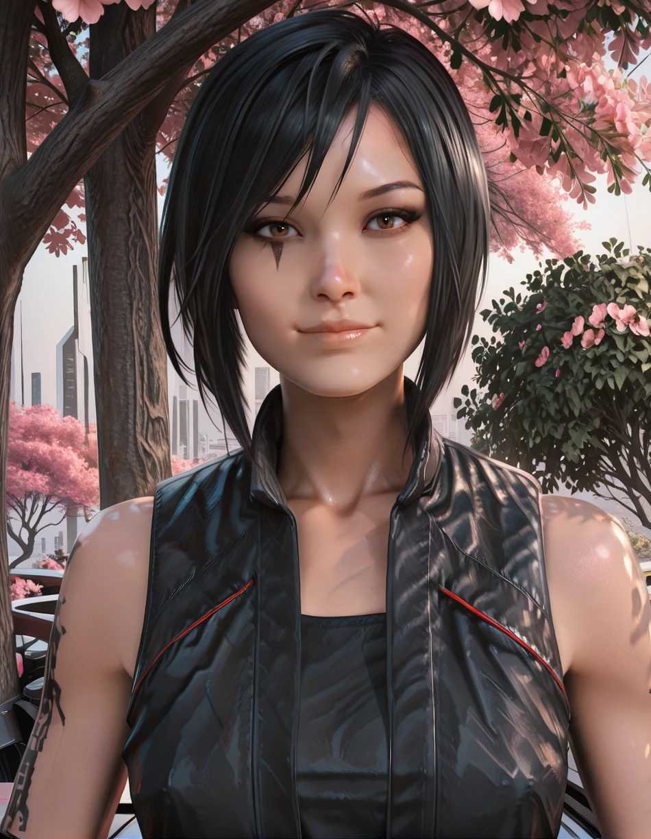 faithcxl, brown eyes, black hair, right arm tattoo,
eye mark, looking at viewer, light smile,
upper body,
black vest, close up,
science fiction, morning, tree, pink floral,
(insanely detailed, masterpiece, best quality),
front view, looking at viewer, <lora:FaithConnorsMEC-12v1-Ill3:1>,