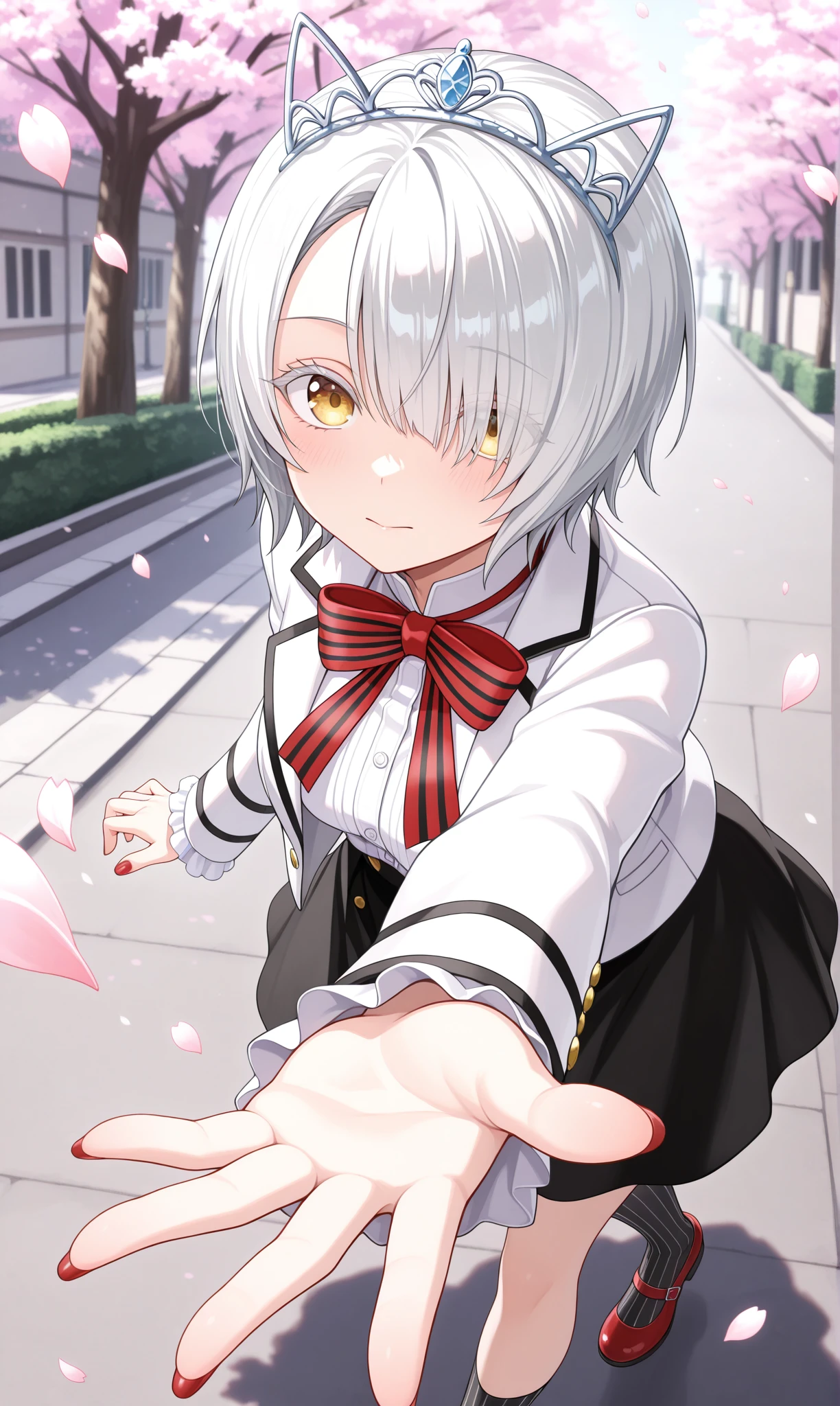 <lora:chartreux_westia_illust_scarxzys:1>, chartreux westia, striped bowtie, red bowtie, dahlia academy boarding school uniform, frilled sleeves, frills, hair over one eye, jacket, school uniform, black skirt, short hair, tiara, white hair, white jacket, white shirt, yellow eyes, colored eyelashes, long sleeves, black socks, vertical-striped socks, red footwear, mary janes, red nails, fingernails, asymmetrical bangs, 1girl, solo, masterpiece, best quality, amazing quality, cherry blossoms, street, looking at viewer, close-up, reaching out, from side