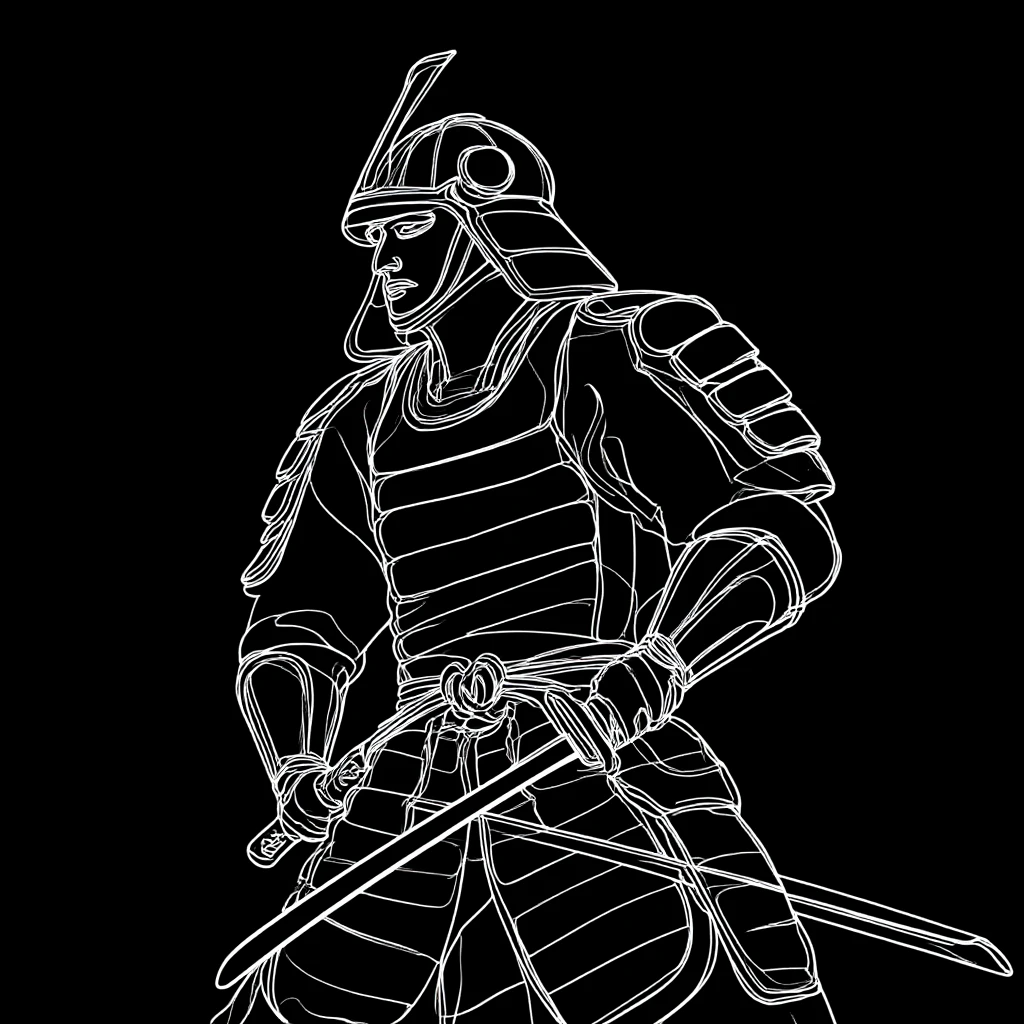 Elegant Minimalist Line Art, The image shows a black and white line drawing of a samurai holding a sword against a dark background., monochrome, weapon, solo, sword, armor, greyscale, helmet, samurai, japanese armor, katana