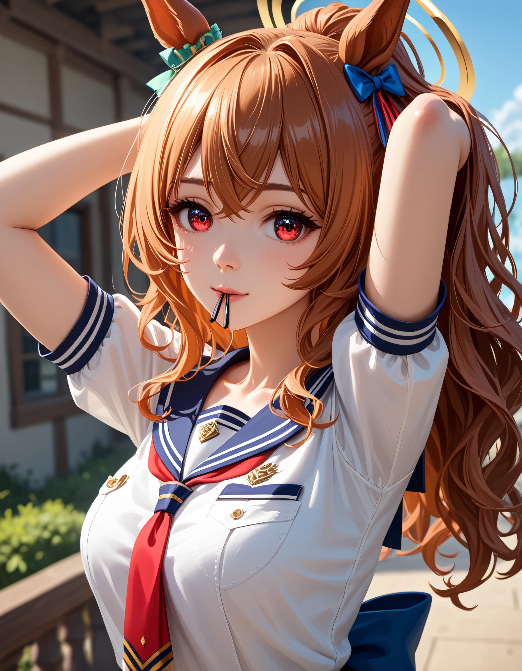 zPDXL3, safe_pos, score_9, score_8_up, source_realistic, source_anime,
8k, best quality, ultra high res, sharp focus,
masterpiece, expressive, digital art, cinematic,
intricate details, extremely detailed, Unreal Engine,
cinematic light, photo studio lighting,
dramatic angle, dynamic camera angle, unique perspective, unique angle, wide angle, dutch angle, foreshortening,
ExpressiveH,
blurred eyes, innocent, lovely face,
big eyes, beautiful detailed eyes, very detailed eyes, detailed beautiful delicate face,
realistic humid skin, detailed skin,
 pose, sensual posture, graceful pose, curvy, scenery,
blurry background,
king halo  \(umamusume \),umamusume,ear covers,ear bow,tracen school uniform,horse girl,horse ears,red eyes,wavy hair, HDA_AdjustingHairXL